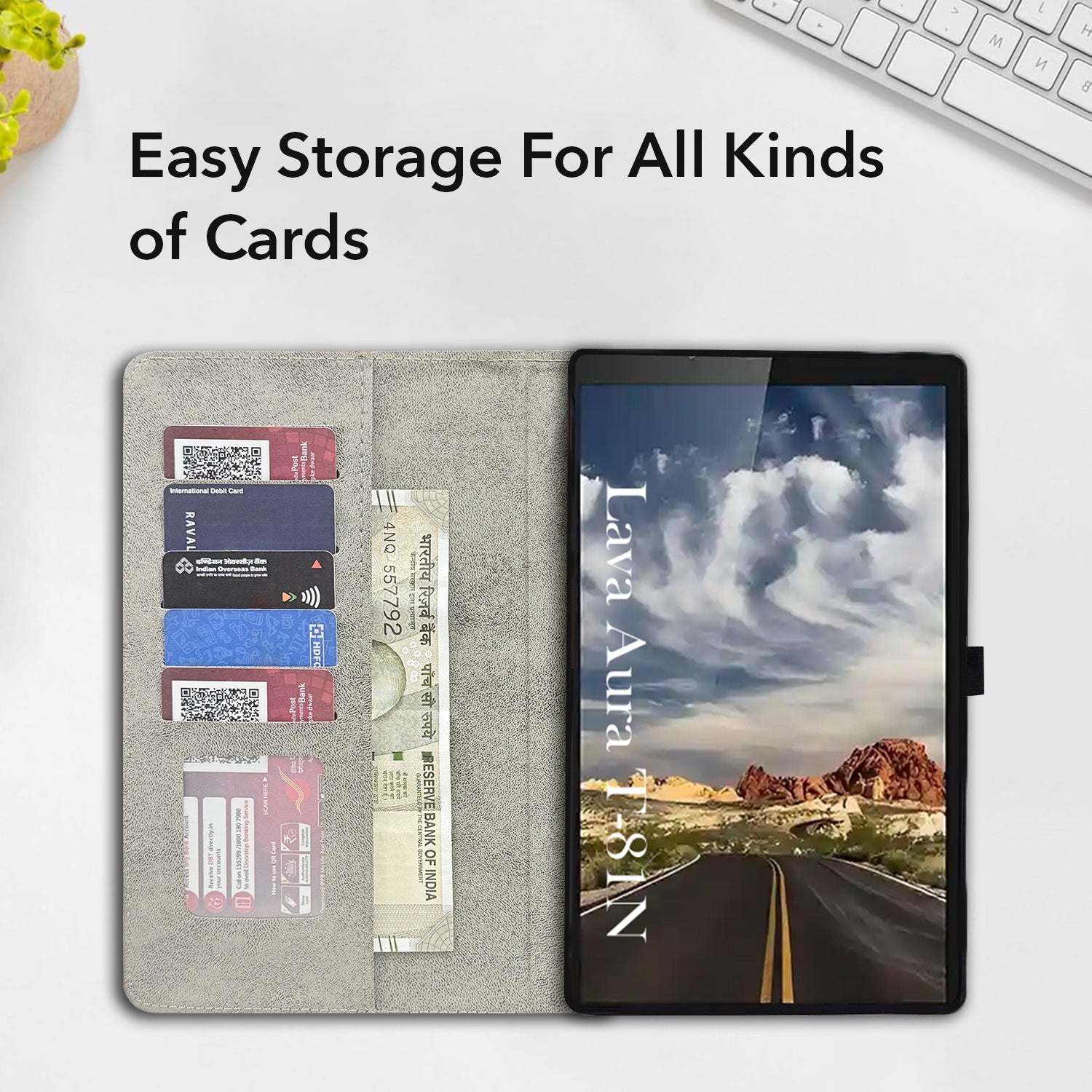 For Lava Aura T81N 8 Inch Flip Cover Folio Case (PU Matte Leather | Multi-Angle Smart Stand | Card Storage Slots | Silicone Back Pouch)