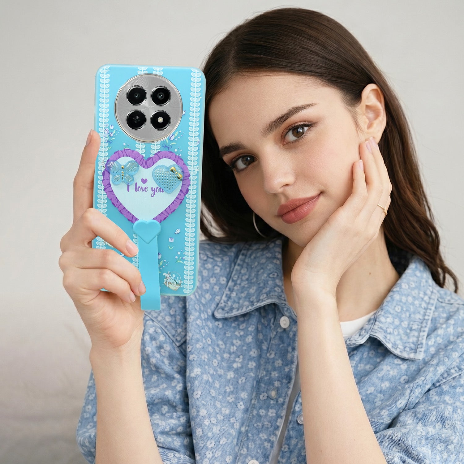 For Realme Narzo N65 5G Back Cover Case (3D Cute Heart Strap Holder | Camera Protection | Designer Girls Print)