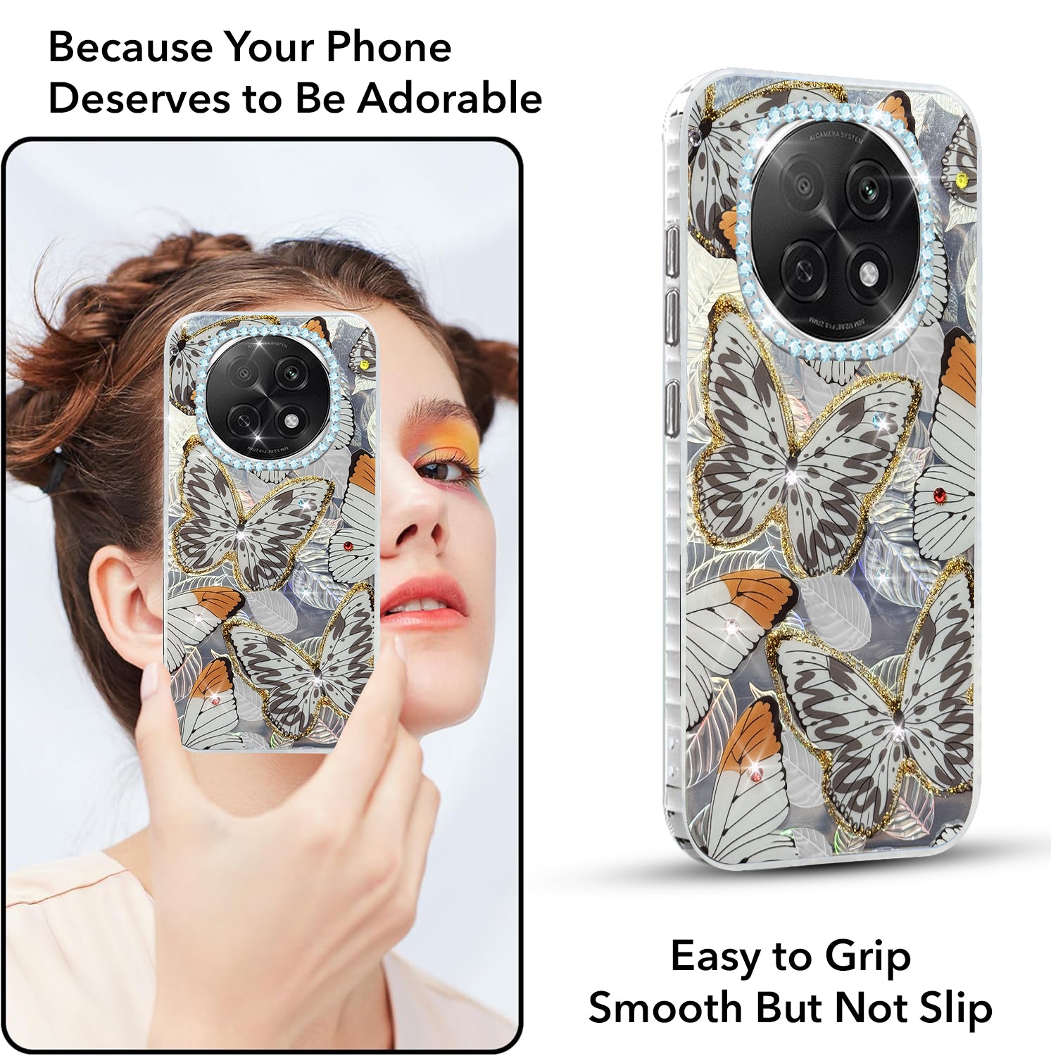For Oppo F29 Pro Back Cover Case  (Luxury Floral Glitter Cute Butterfly | Diamond Studded Camera Bump | Girls & Women Design)