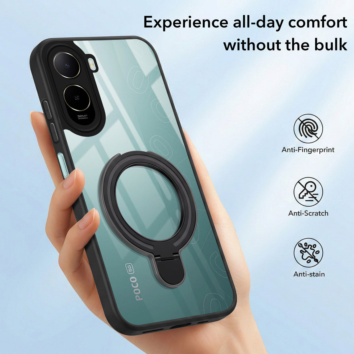 For Poco C85x 5G Back Cover Case (Kick Stand Ring Holder | Life time Anti Yellow | Camera Protection)