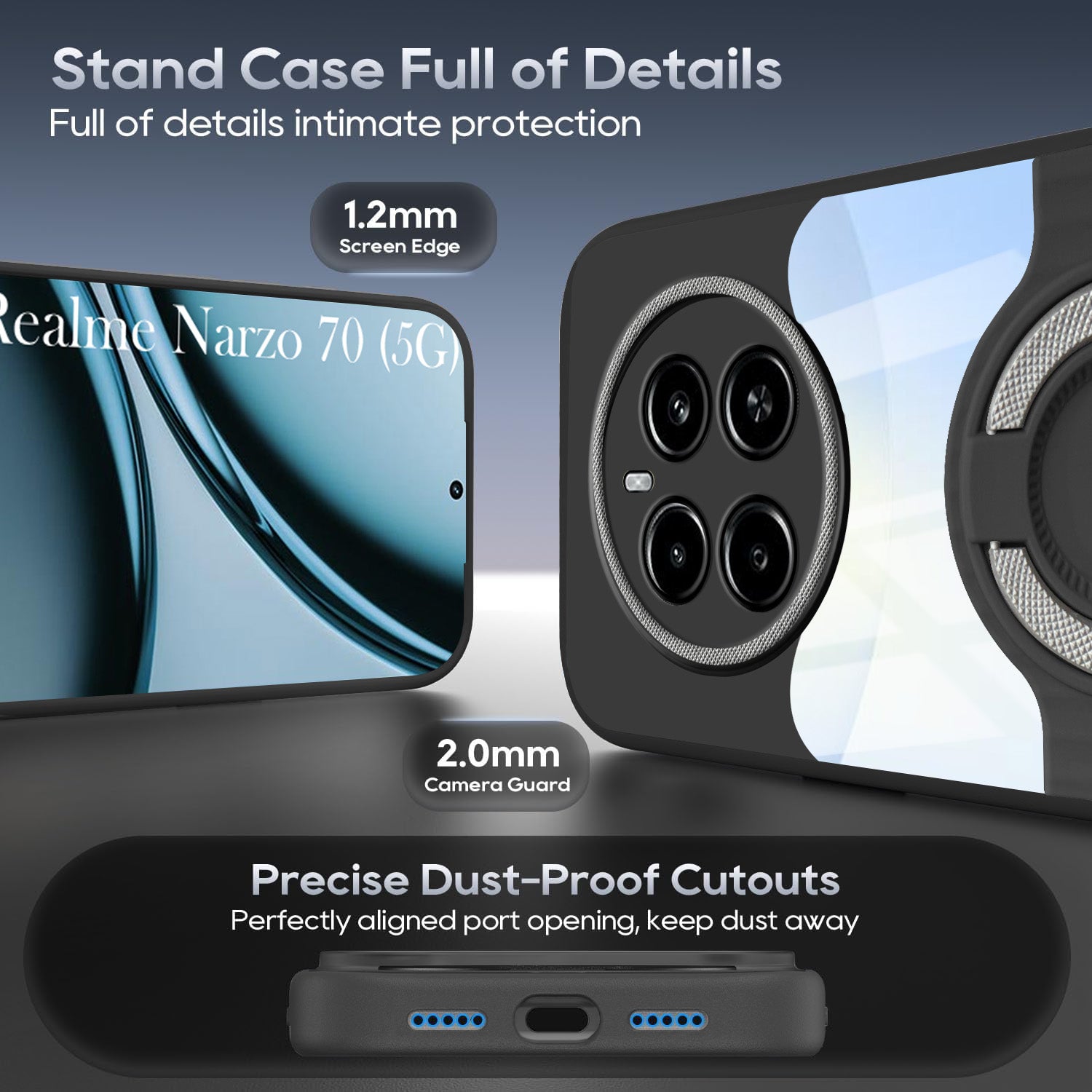 For Realme Narzo 70 5G Back Cover Case with stand (Built-in Ring Holder Kickstand | Lifetime Anti Yellow | Camera Protection)