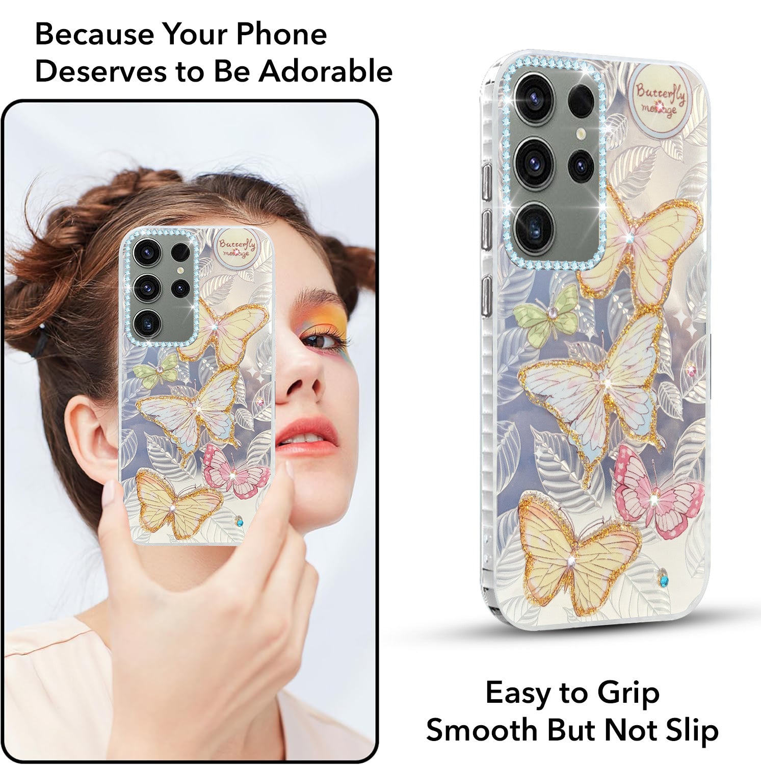 For Samsung Galaxy S23 Ultra Back Cover Case (Luxury Floral Glitter Cute Butterfly | Diamond Studded Camera Bump | Girls & Women Design)