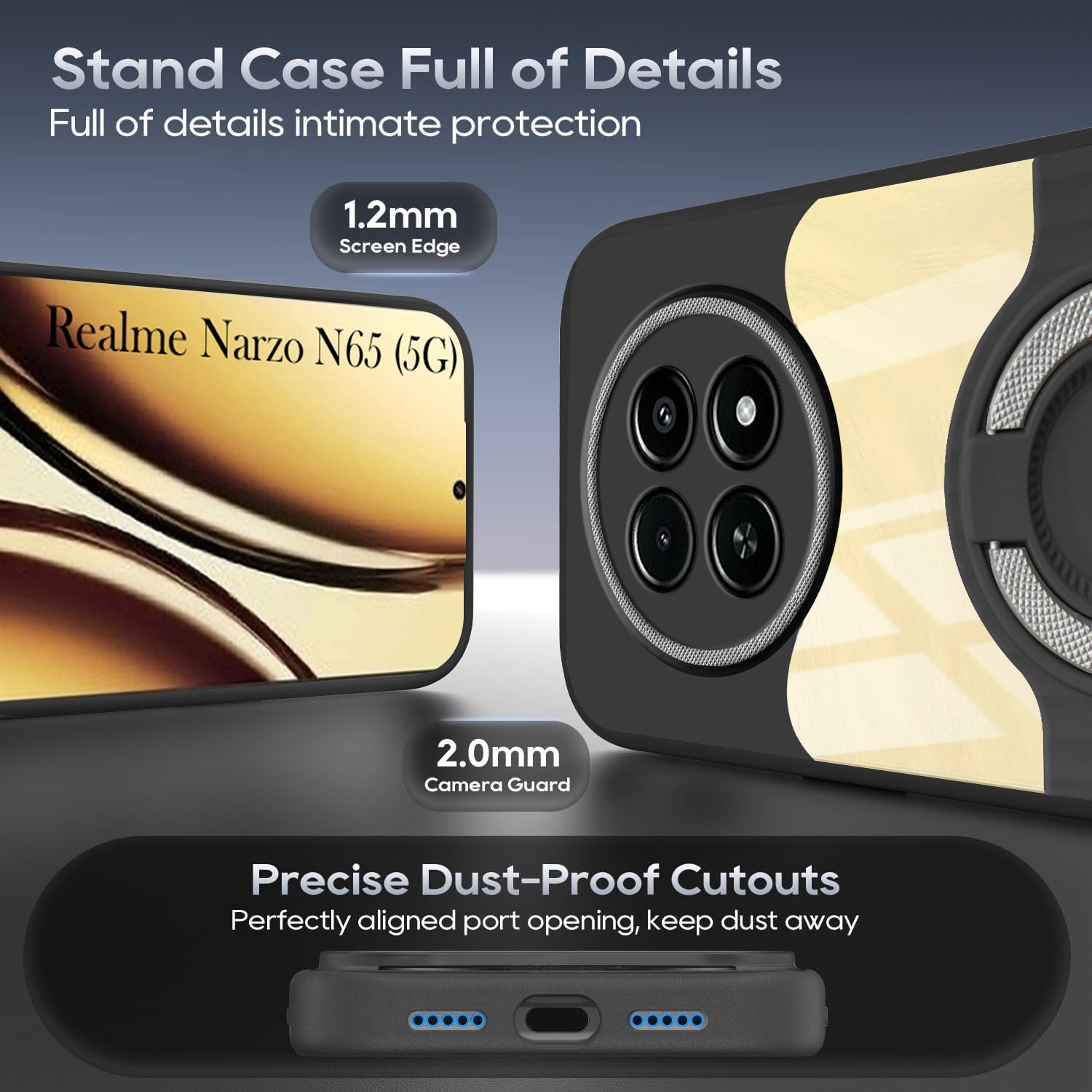 For Realme Narzo N65 5G Back Cover Case with stand (Built-in Ring Holder Kickstand | Lifetime Anti Yellow | Camera Protection)
