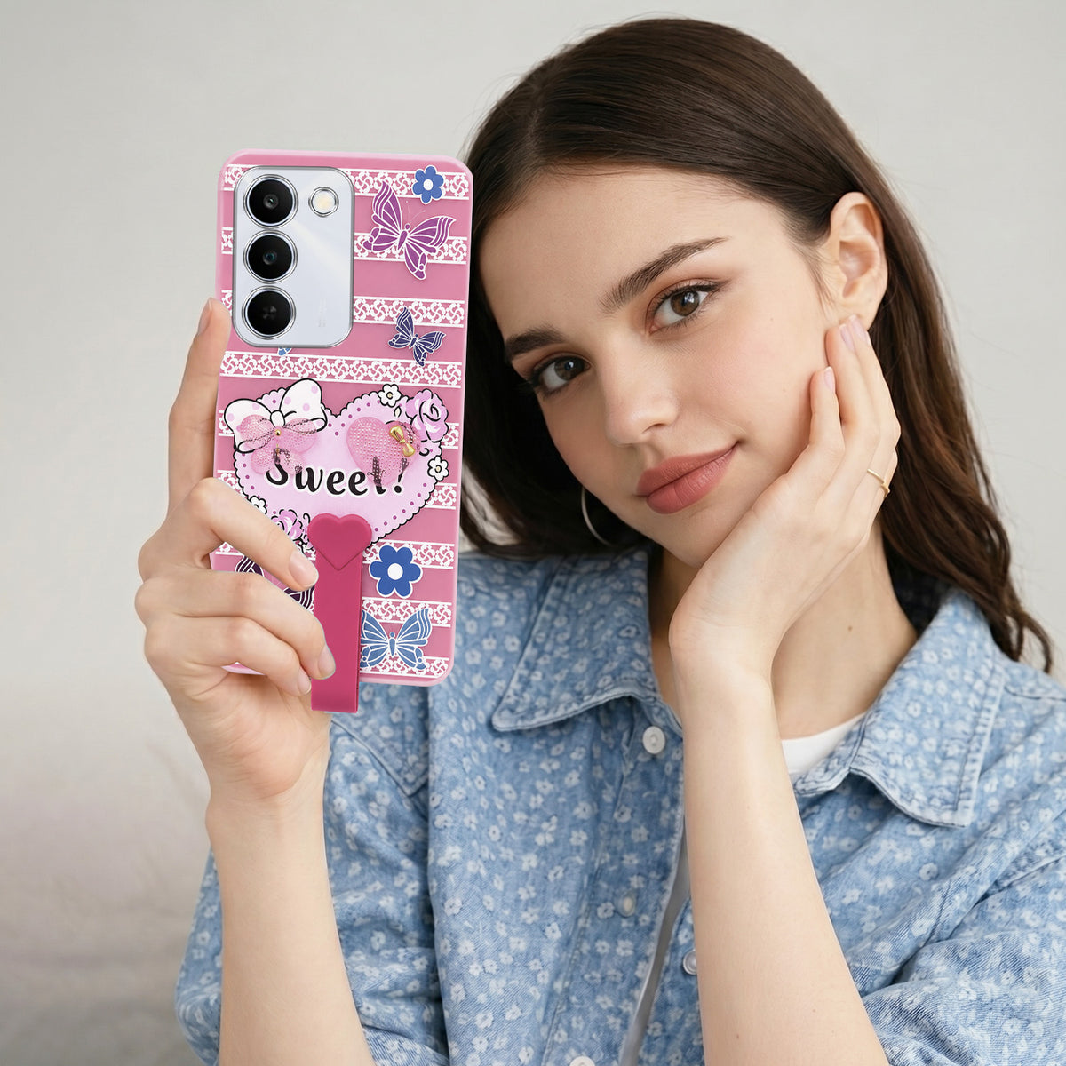 For Realme P4 Lite 5G | Narzo 100 Lite 5G Back Cover Case (3D Cute Heart Strap Holder | Camera Protection | Designer Girls Print)
