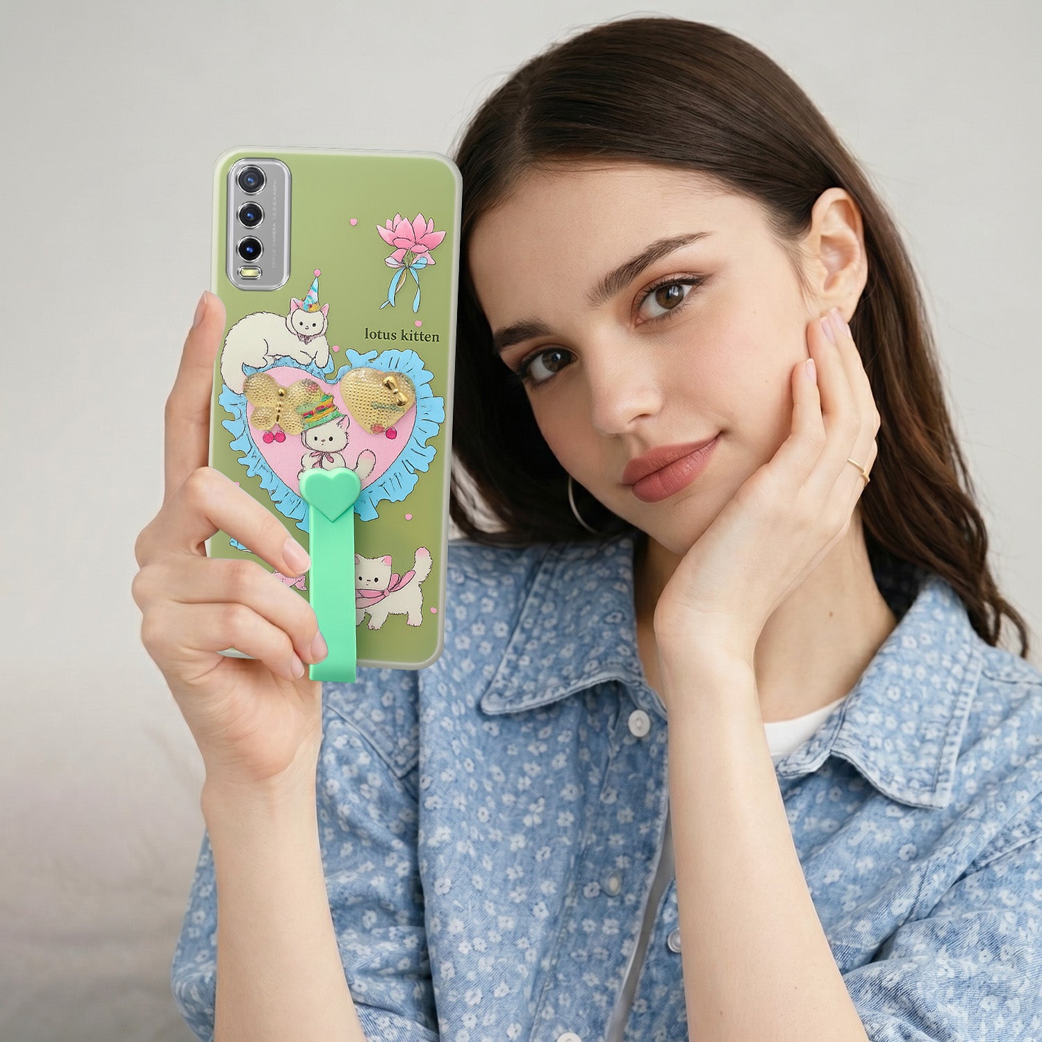For Vivo Y20 | Y20i  Back Cover Case (3D Cute Heart Strap Holder | Camera Protection | Designer Girls Print)