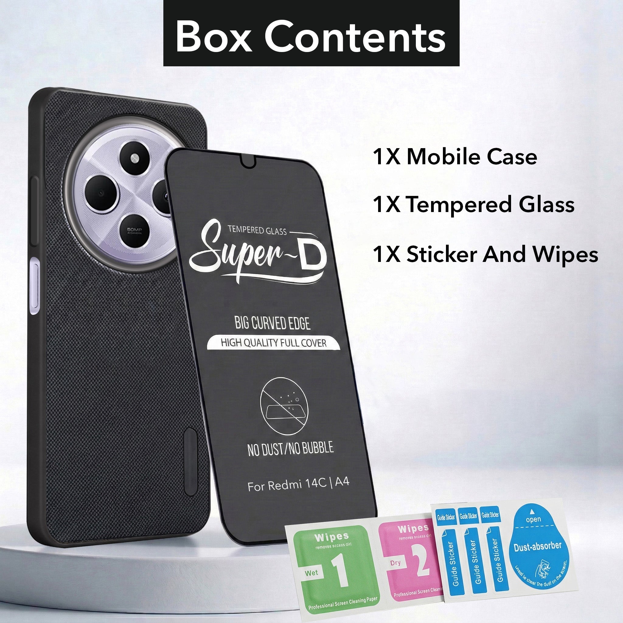 For Redmi A4 5G | Xiaomi Redmi 14C Combo with Back Cover and 9H Tempered Glass (Textured Grip Design | Micro-Fiber Cloth Inside | Oleophobic Coating Screen Glass)