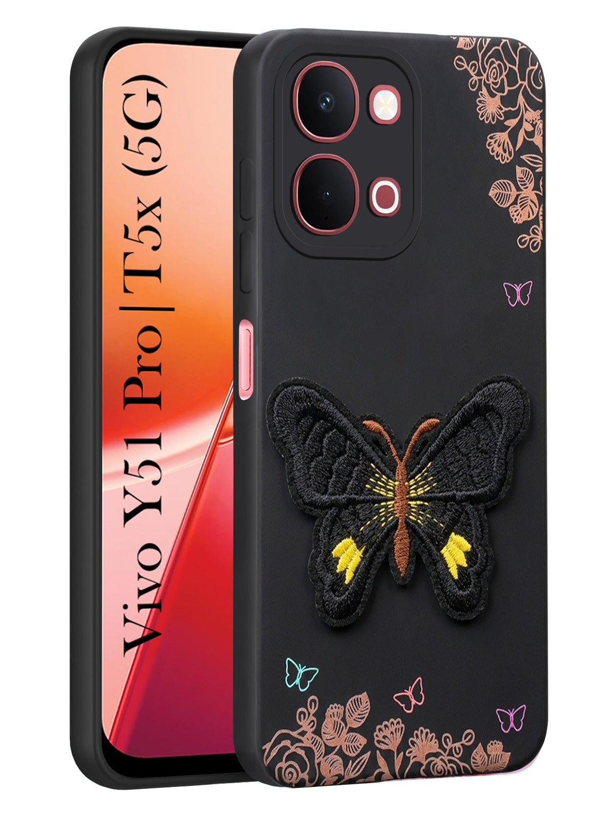 For Vivo Y51 Pro 5G | Vivo T5x Back Cover Case (Soft Butterfly Embroidery | Women Teen Girls | Camera Protection| Matte Silicone)