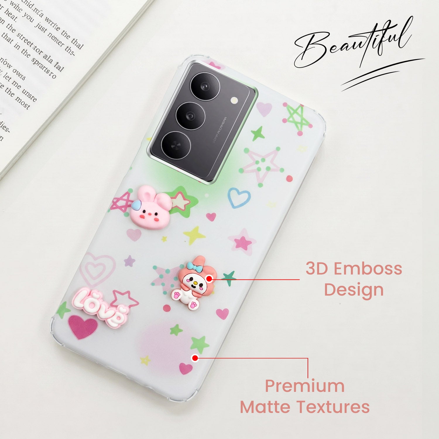 For Realme 14X Back Cover Case (3D Cute Cartoons | Hard Back Side Soft | Matte Premium Finish | HD Printing)