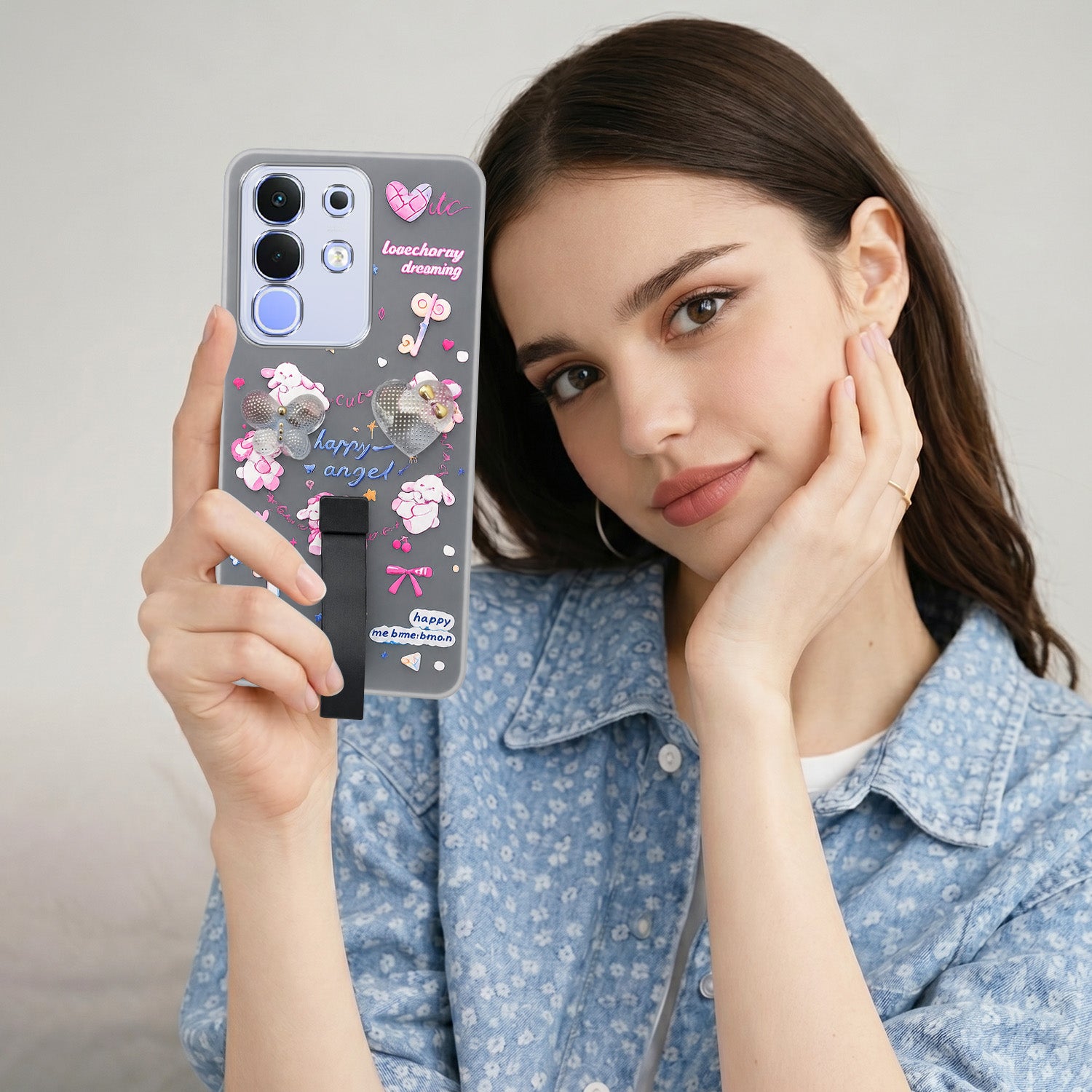For Vivo iQOO Z10x Back Cover Case (3D Cute Heart Strap Holder | Camera Protection | Designer Girls Print)