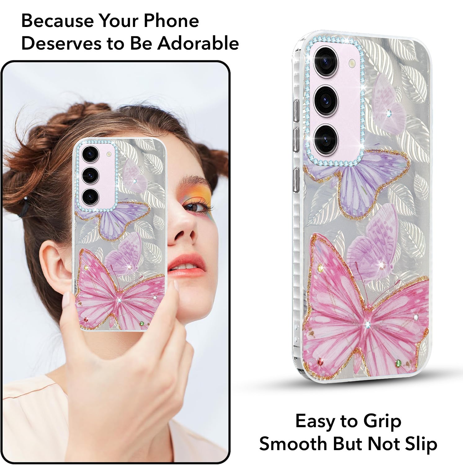 For Samsung Galaxy S23 5G Back Cover Case (Luxury Floral Glitter Cute Butterfly | Diamond Studded Camera Bump | Girls & Women Design)