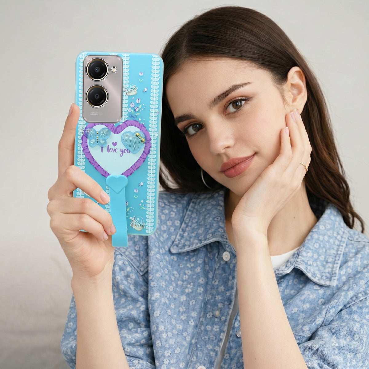 For Vivo Y28s 5G | Vivo T3 Lite 5G Back Cover Case (3D Cute Heart Strap Holder | Camera Protection | Designer Girls Print)