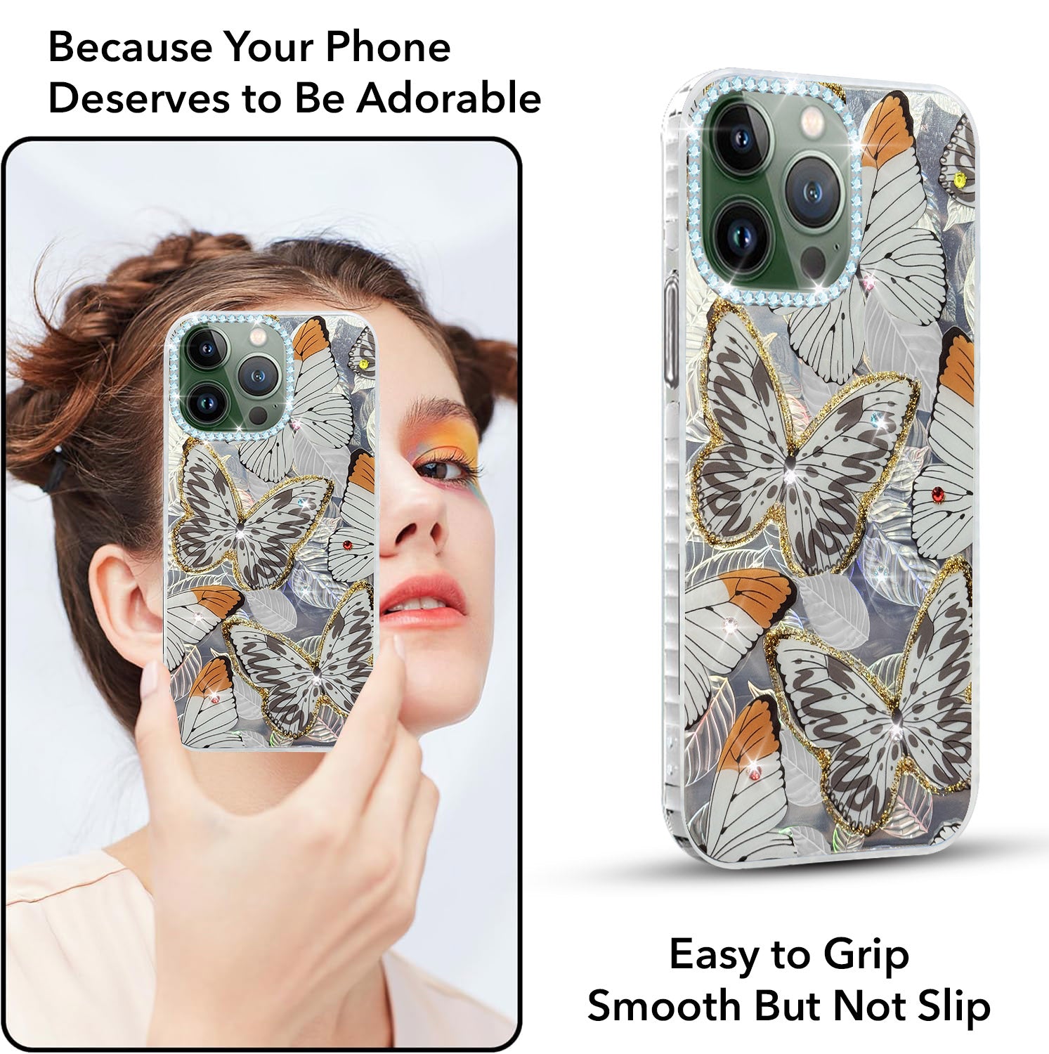 For Apple iPhone 13 Pro Back Cover Case (Luxury Floral Glitter Cute Butterfly | Diamond Studded Camera Bump | Girls & Women Design)