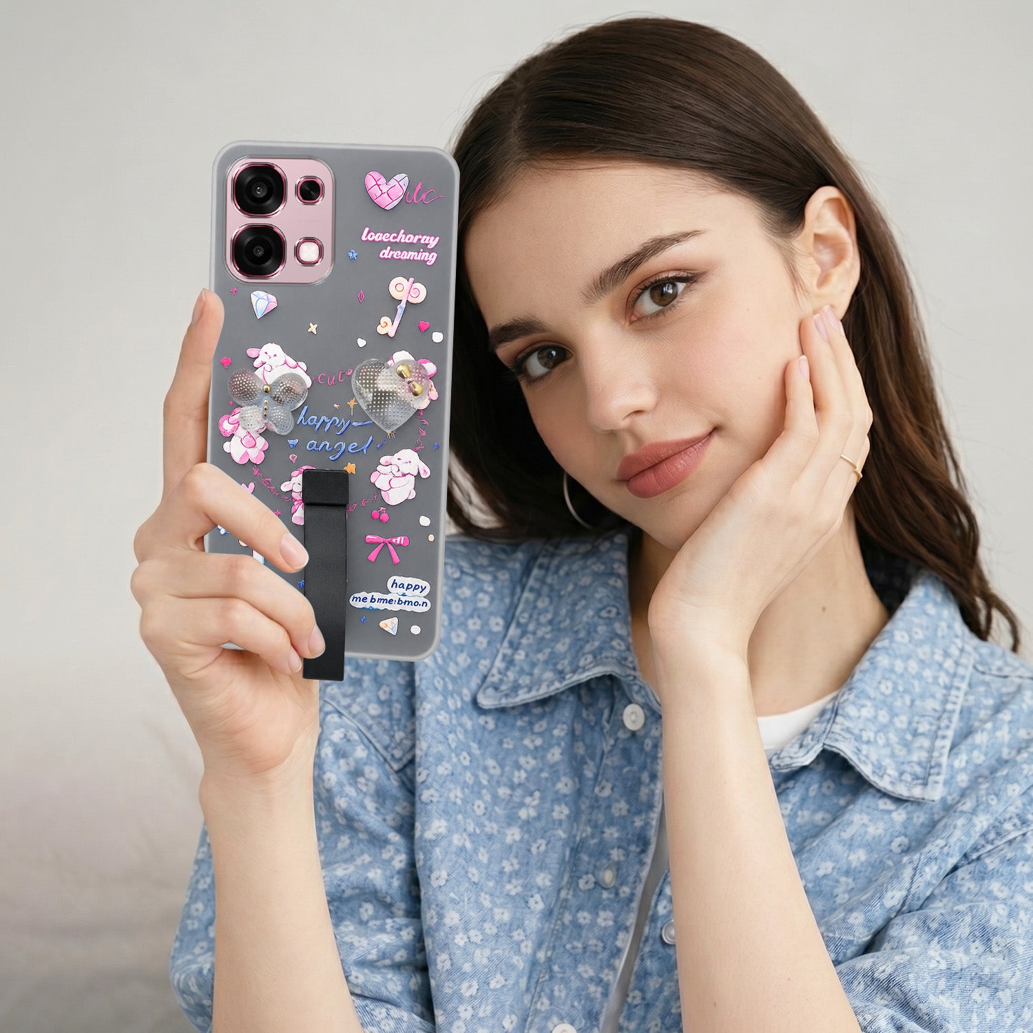 For Oppo F31 5G | Oppo F33 5G Back Cover Case (3D Cute Heart Strap Holder | Camera Protection | Designer Girls Print)