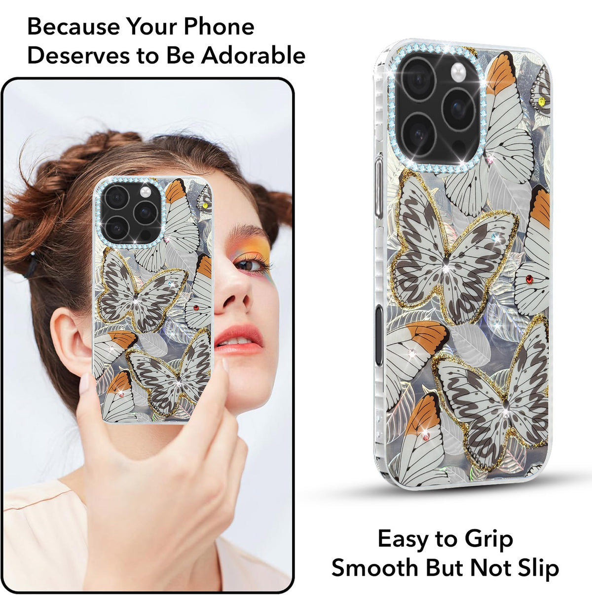 For iPhone 16 Pro Max Back Cover Case (Luxury Floral Glitter Cute Butterfly | Diamond Studded Camera Bump | Girls & Women Design)