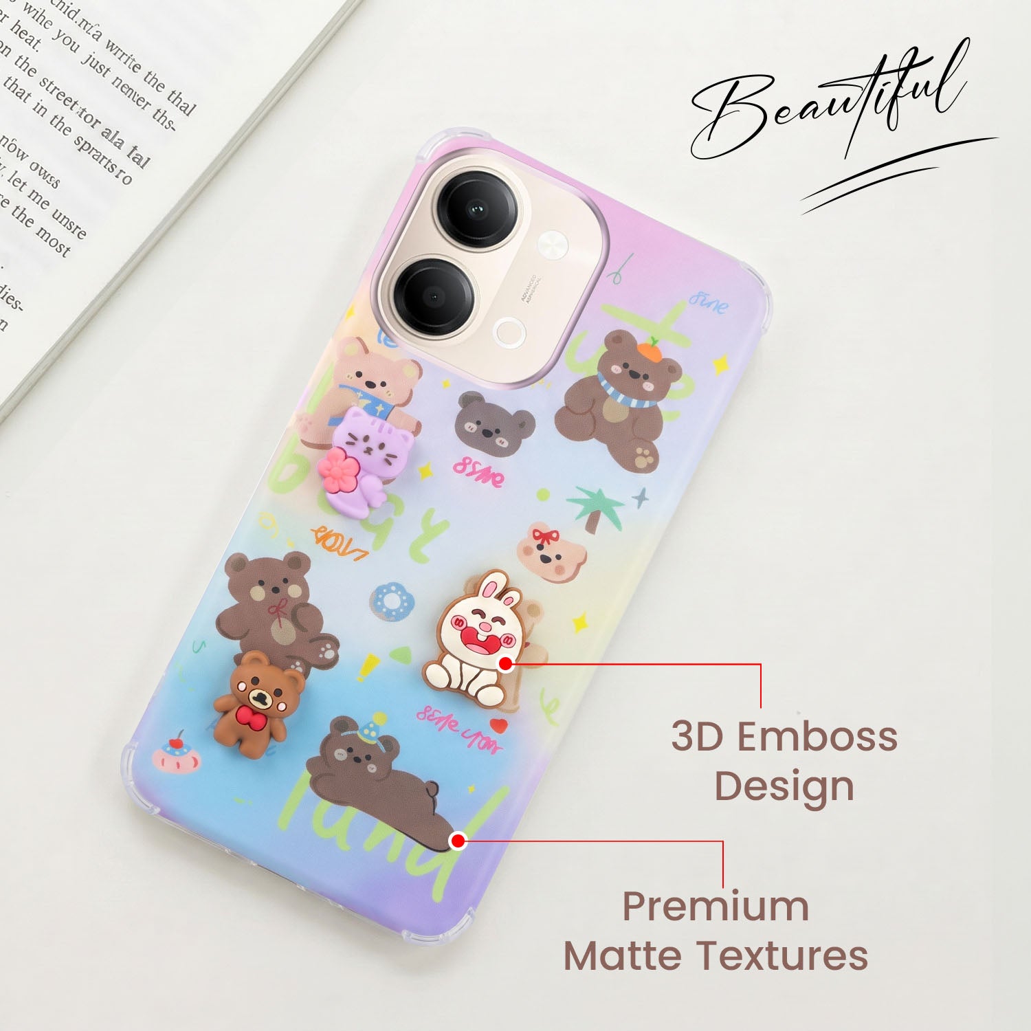 For Vivo Y05 4G Back Cover Case (3D Cute Cartoons | Hard Back Side Soft | Matte Premium Finish | HD Printing)