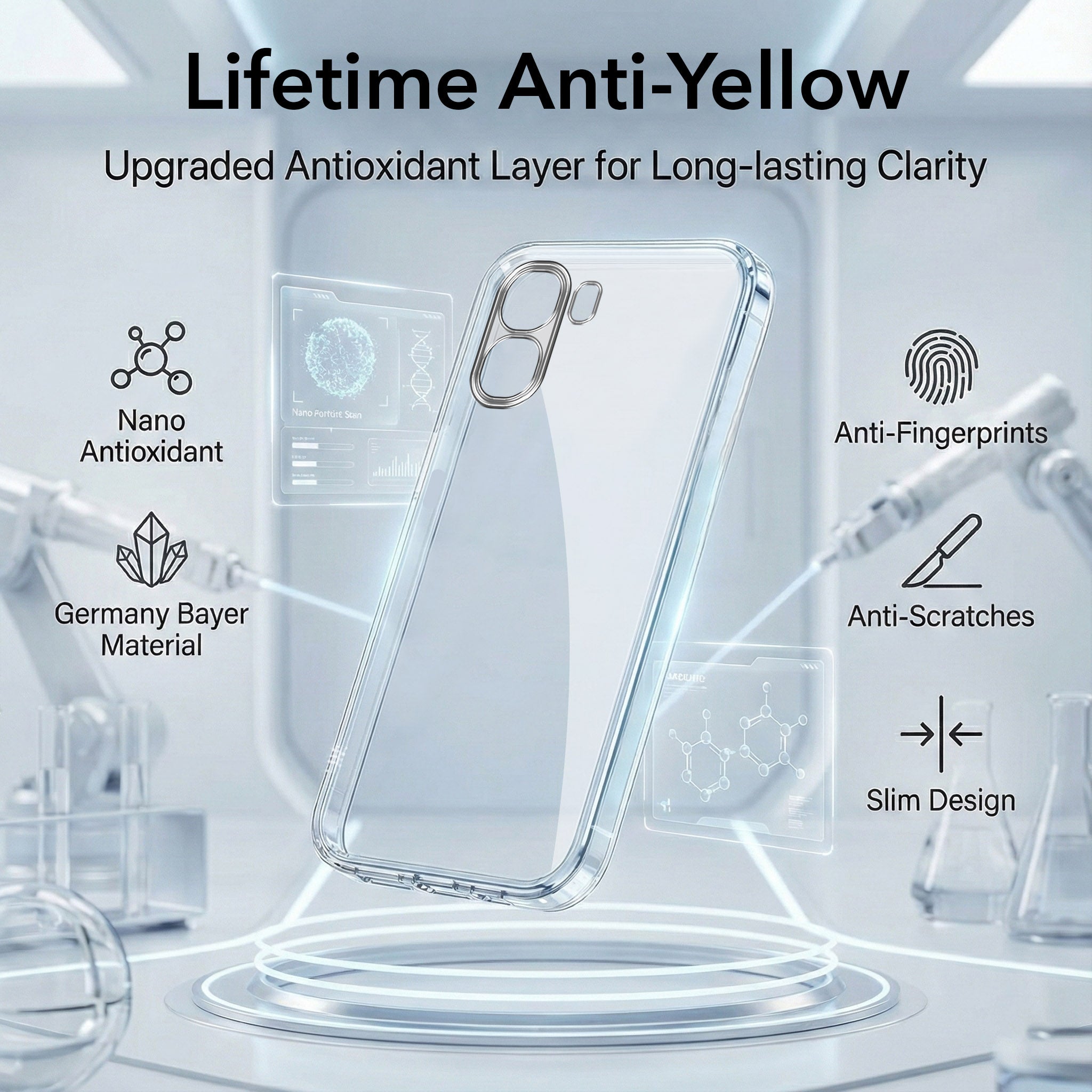 For Oppo A6X | Oppo A6S Combo with Back Cover and 9H Tempered Glass (Lifetime Anti-Yellow | Sleek Hard Crystal | Oleophobic Coating Screen Glass)