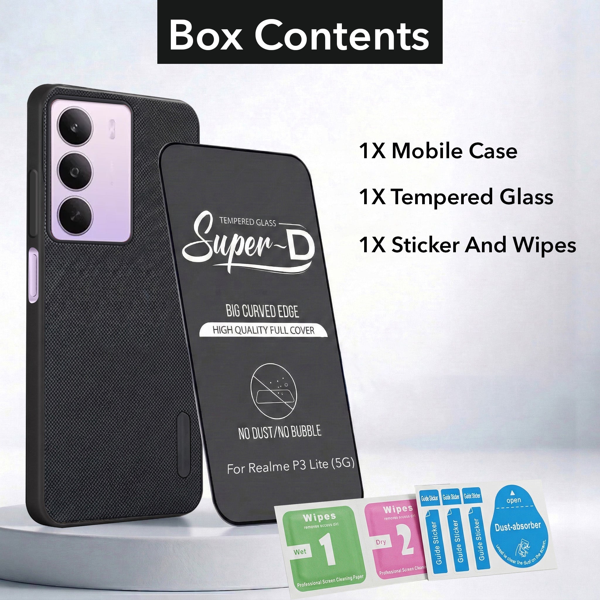For Realme P3 Lite Combo with Back Cover and 9H Tempered Glass (Textured Grip Design | Micro-Fiber Cloth Inside | Oleophobic Coating Screen Glass)
