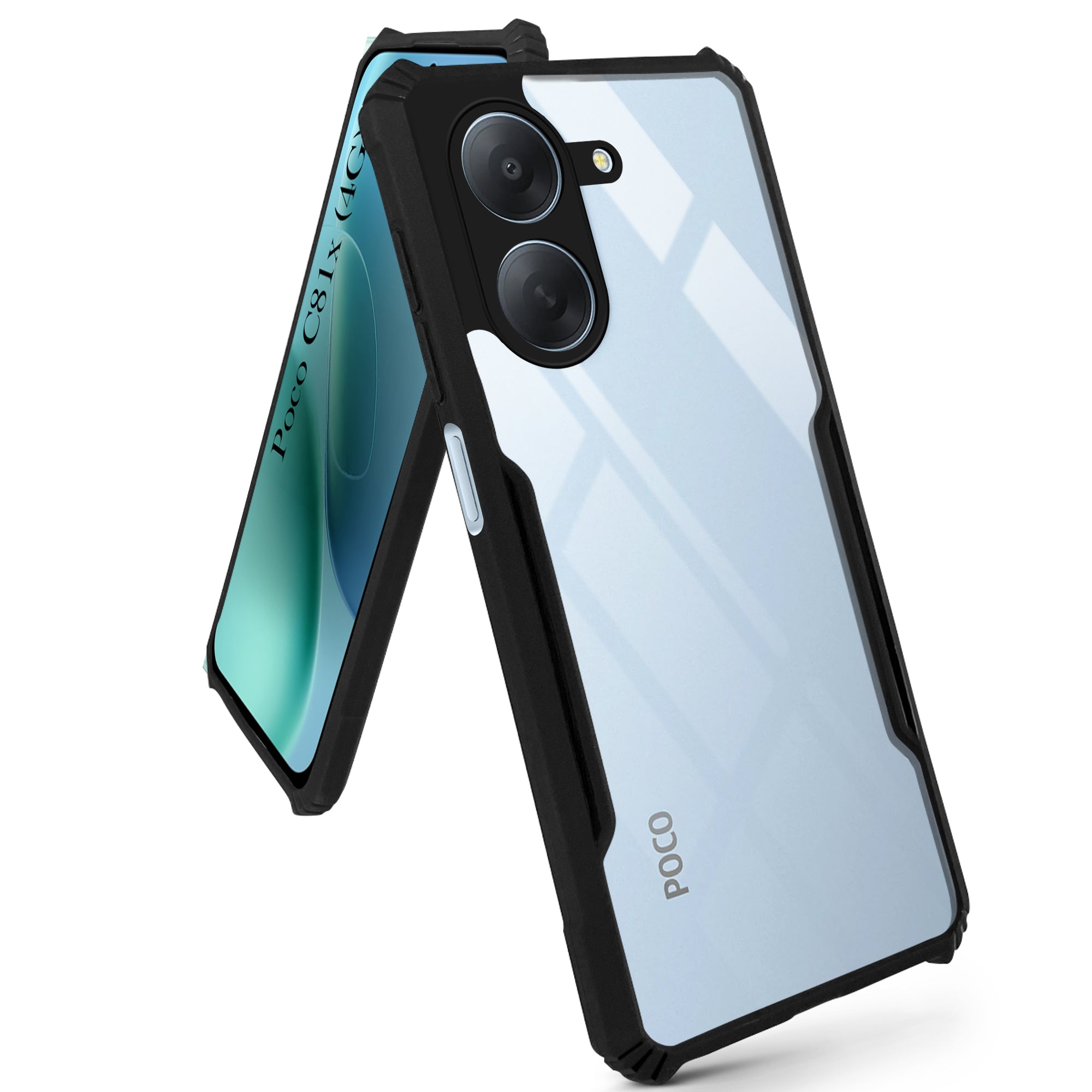 For Poco C81x Back Cover Case Hybrid (Shockproof with Polycarbonate Clear Panel | Professional Black)