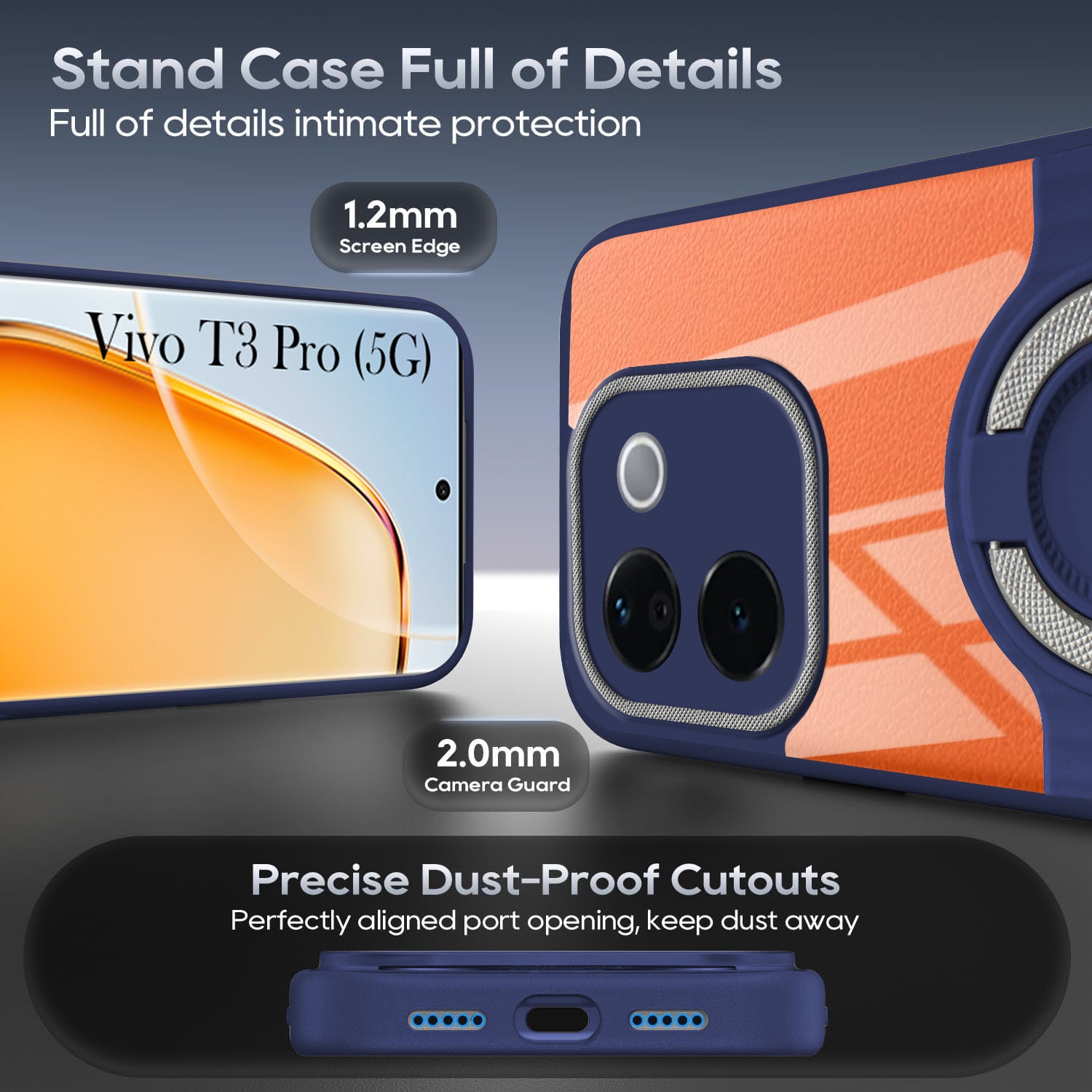 For Vivo T3 Pro Back Cover Case with stand (Built-in Ring Holder Kickstand | Lifetime Anti Yellow | Camera Protection)