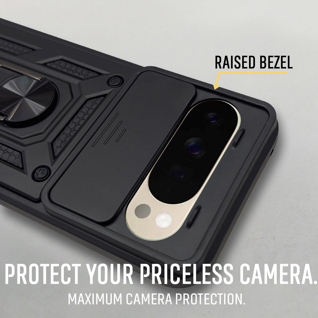For Google Pixel 10 Pro XL Back Cover Case Hybrid Armor (Sliding Shutter Camera Protection | Polycarbonate |Ring Holder Kickstand)