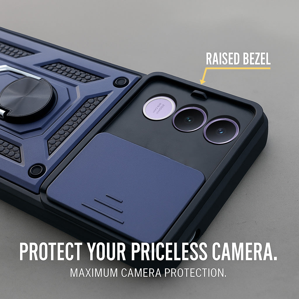 For Vivo V70 FE 5G Back Cover Case Hybrid Armor (Sliding Shutter Camera Protection | Polycarbonate |Ring Holder Kickstand)