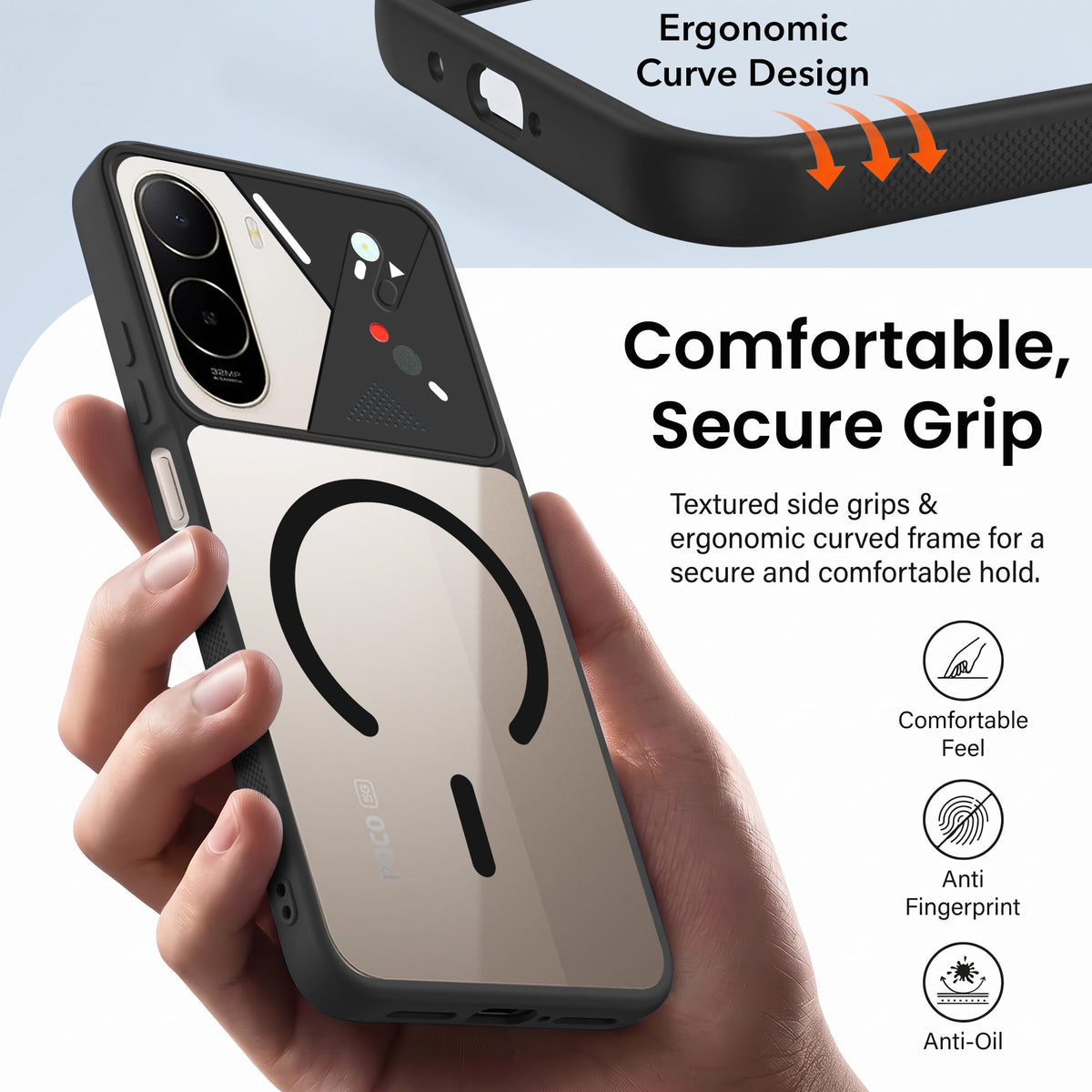 For Poco C85x 5G Back Cover Case Lifetime Anti-Yellow Clear (Camera Protection | Side Grip | Wireless MagSafe Compatible)