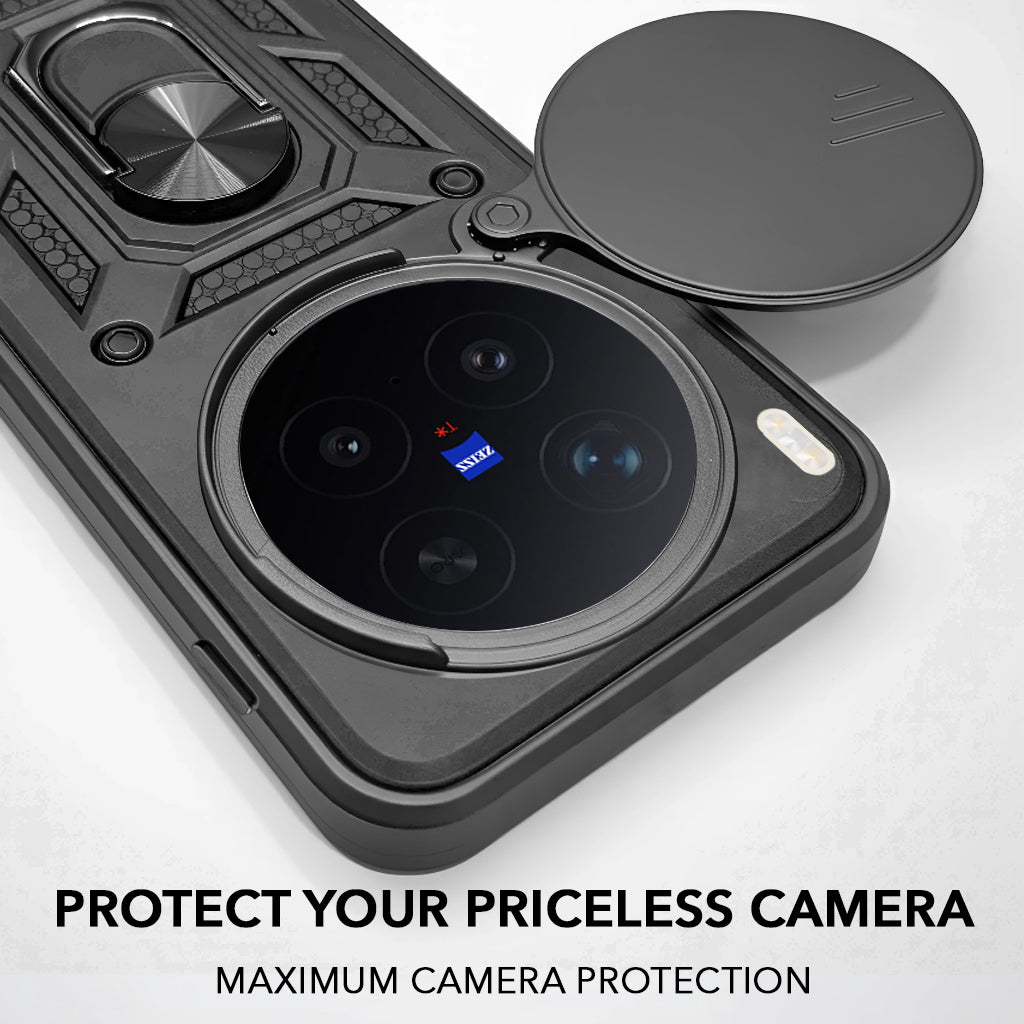 For Vivo X300 Pro Back Cover Case Hybrid Armor (Sliding Shutter Camera Protection | Polycarbonate |Ring Holder Kickstand)