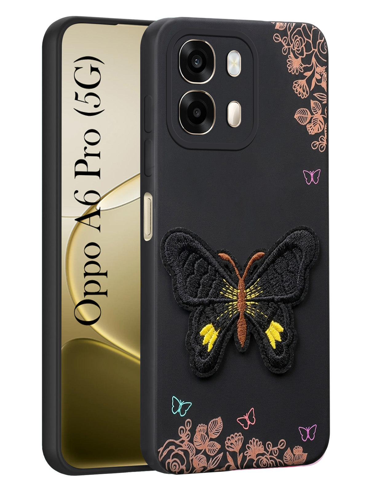 For Oppo A6 Pro Back Cover Case (Soft Butterfly Embroidery | Women Teen Girls | Camera Protection| Matte Silicone)