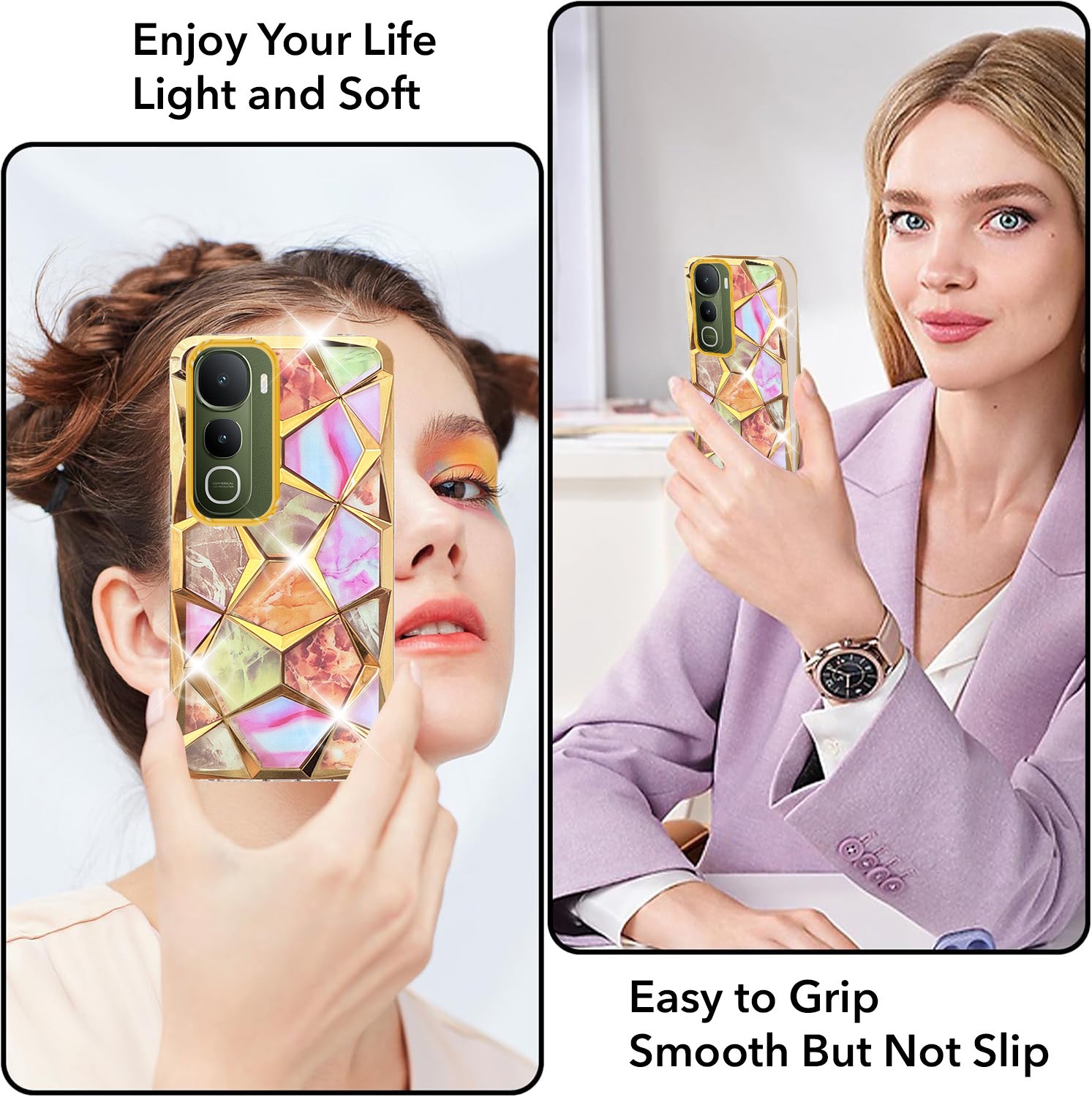 For Vivo Y400 Back Cover Case 3D Silicone Compatible (Dual Design Glitter Sparkle and Detachable Diamond Print Case | Soft and Flexible)