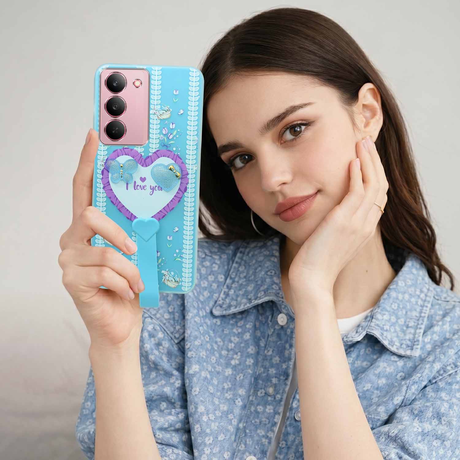 For Realme 14X Back Cover Case (3D Cute Heart Strap Holder | Camera Protection | Designer Girls Print)