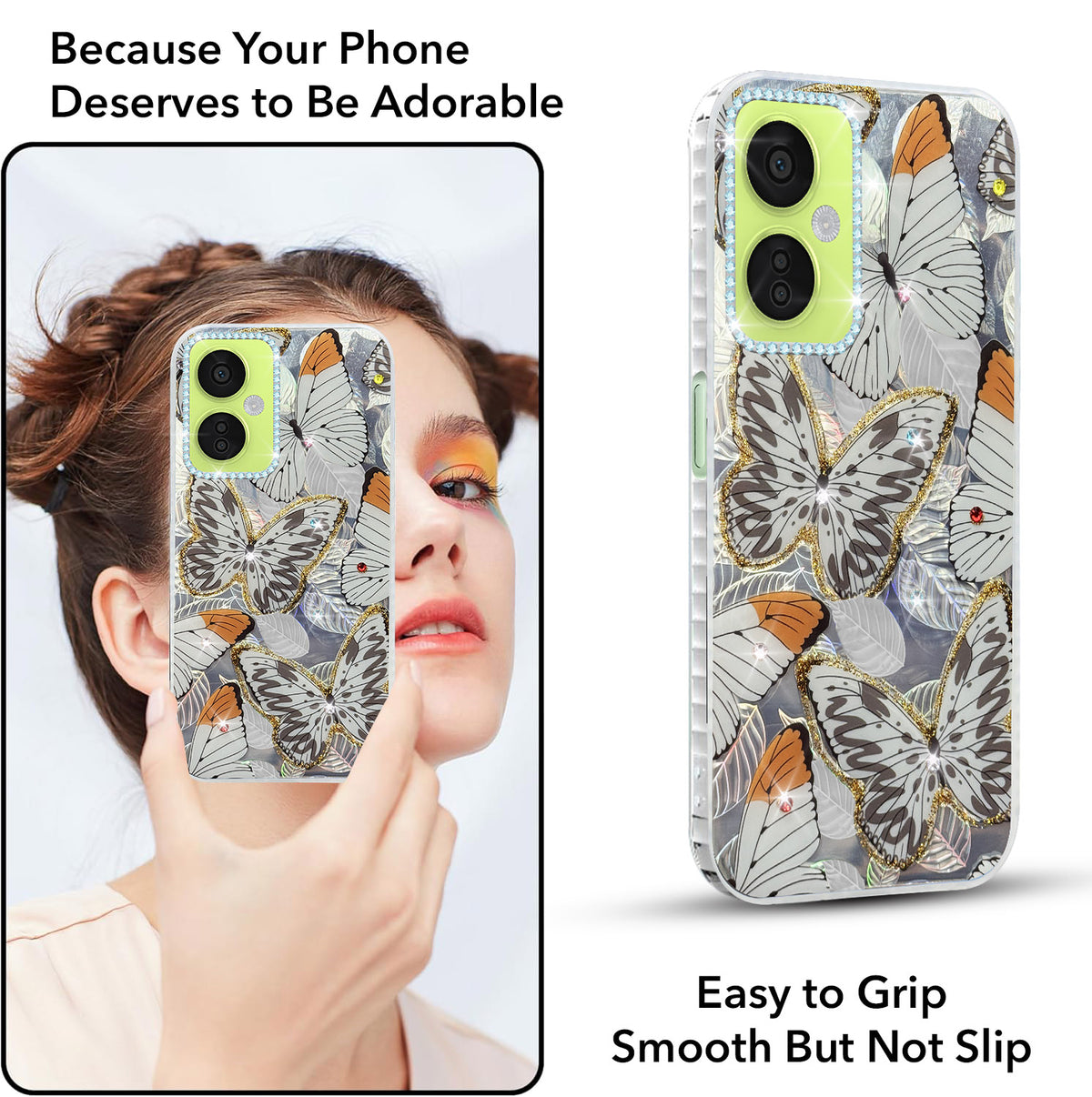 For OnePlus Nord CE 3 Lite Back Cover Case (Luxury Floral Glitter Cute Butterfly | Diamond Studded Camera Bump | Girls & Women Design)