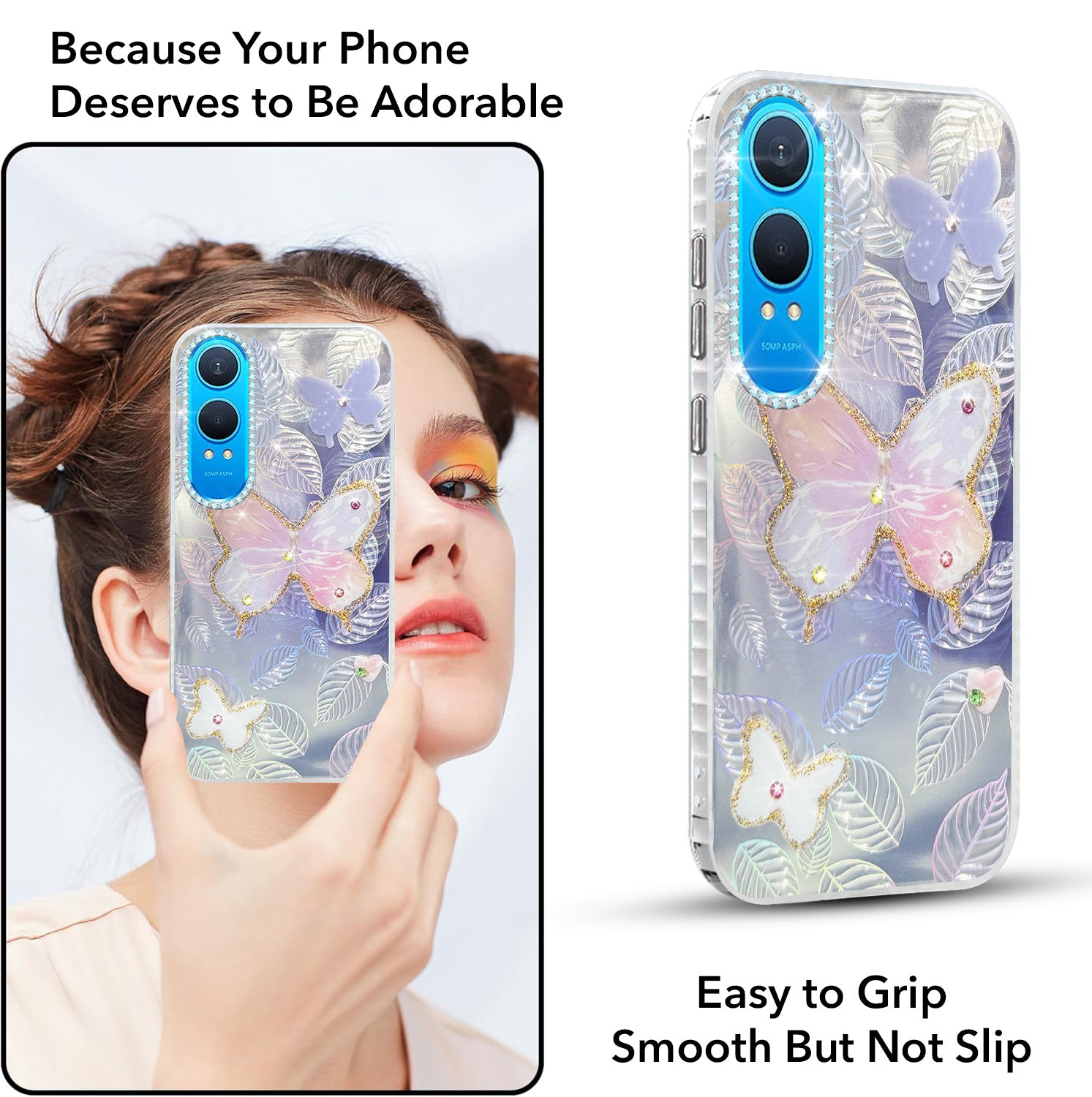 For OnePlus Nord CE 4 Lite Back Cover Case (Luxury Floral Glitter Cute Butterfly | Diamond Studded Camera Bump | Girls & Women Design)