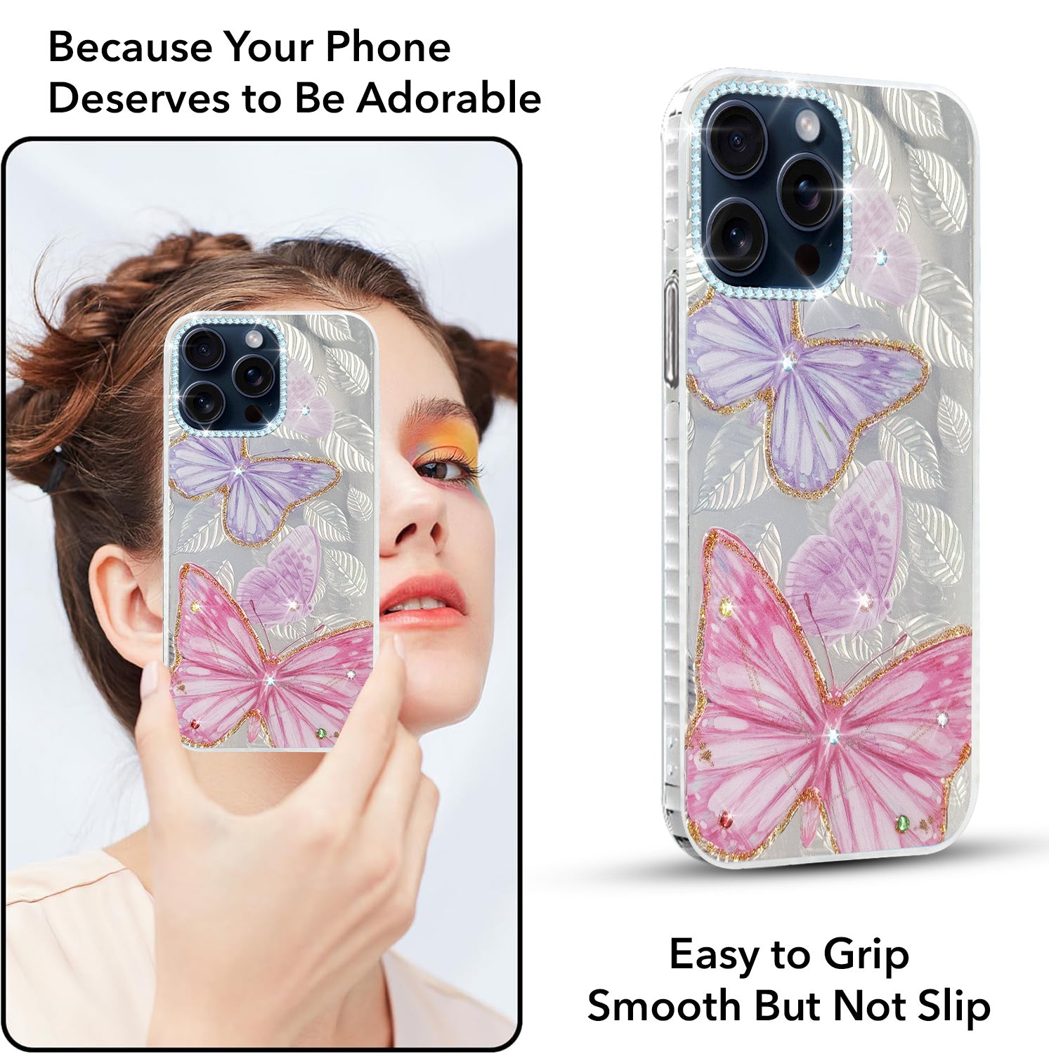 For Apple iPhone 15 Pro Max Back Cover Case (Luxury Floral Glitter Cute Butterfly | Diamond Studded Camera Bump | Girls & Women Design)
