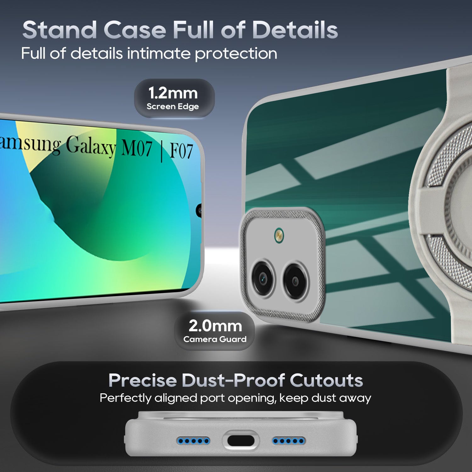 For Samsung Galaxy M07 | Samsung Galaxy F07 Back Cover Case with stand (Built-in Ring Holder Kickstand | Lifetime Anti Yellow | Camera Protection)