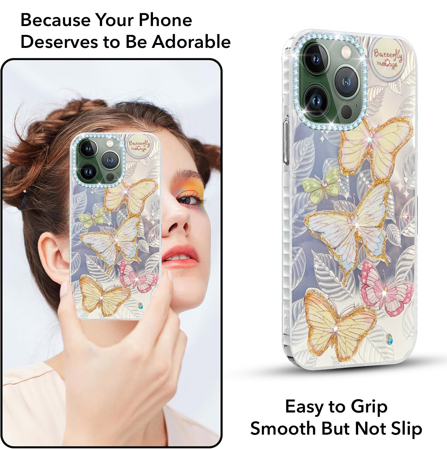 For Apple iPhone 13 Pro Back Cover Case (Luxury Floral Glitter Cute Butterfly | Diamond Studded Camera Bump | Girls & Women Design)