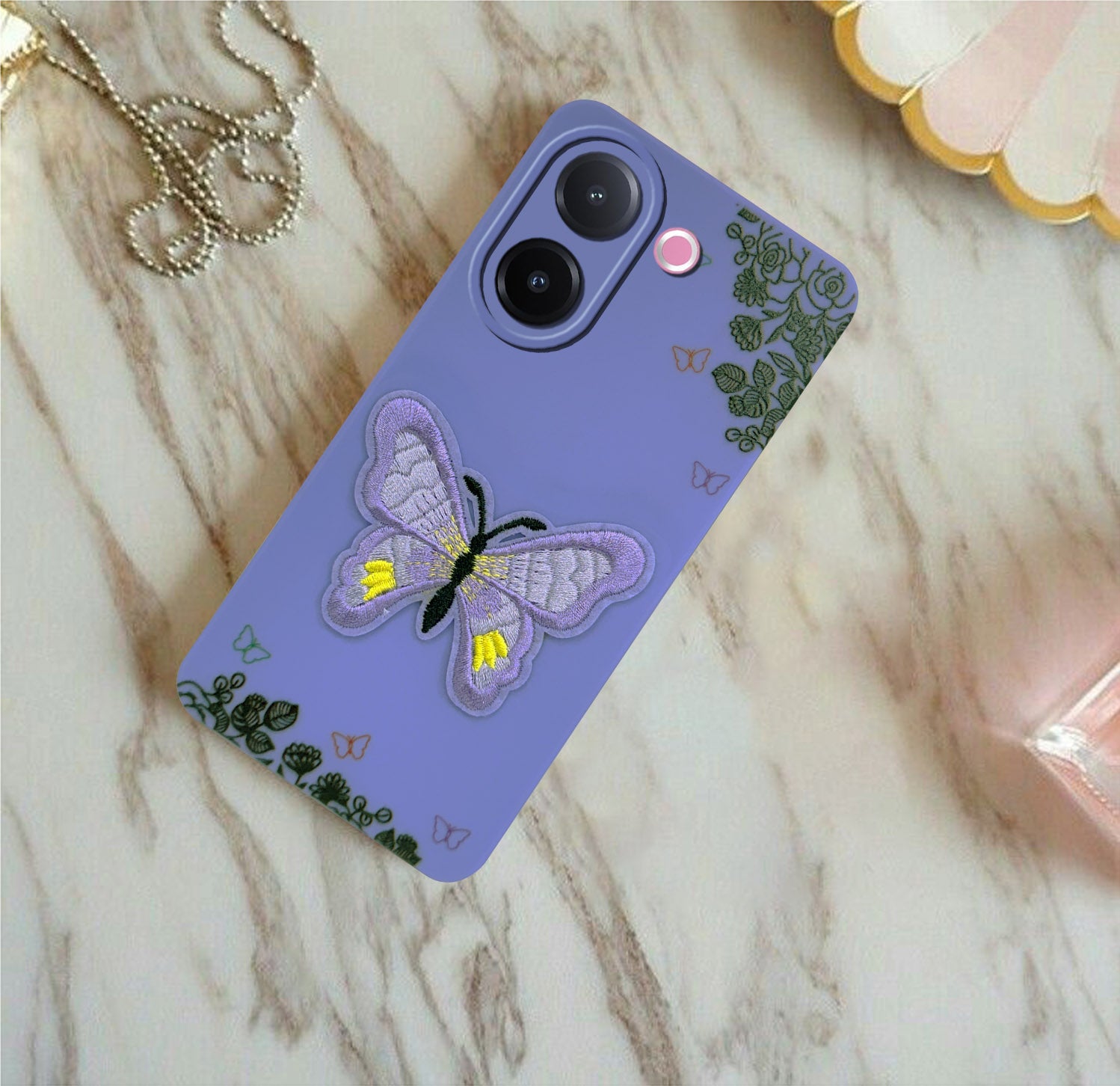 For Vivo V60e Back Cover Case (SoFt Butter Fly Embroidery | Women Teen Girls | Camera Protection| Matte Silicone)