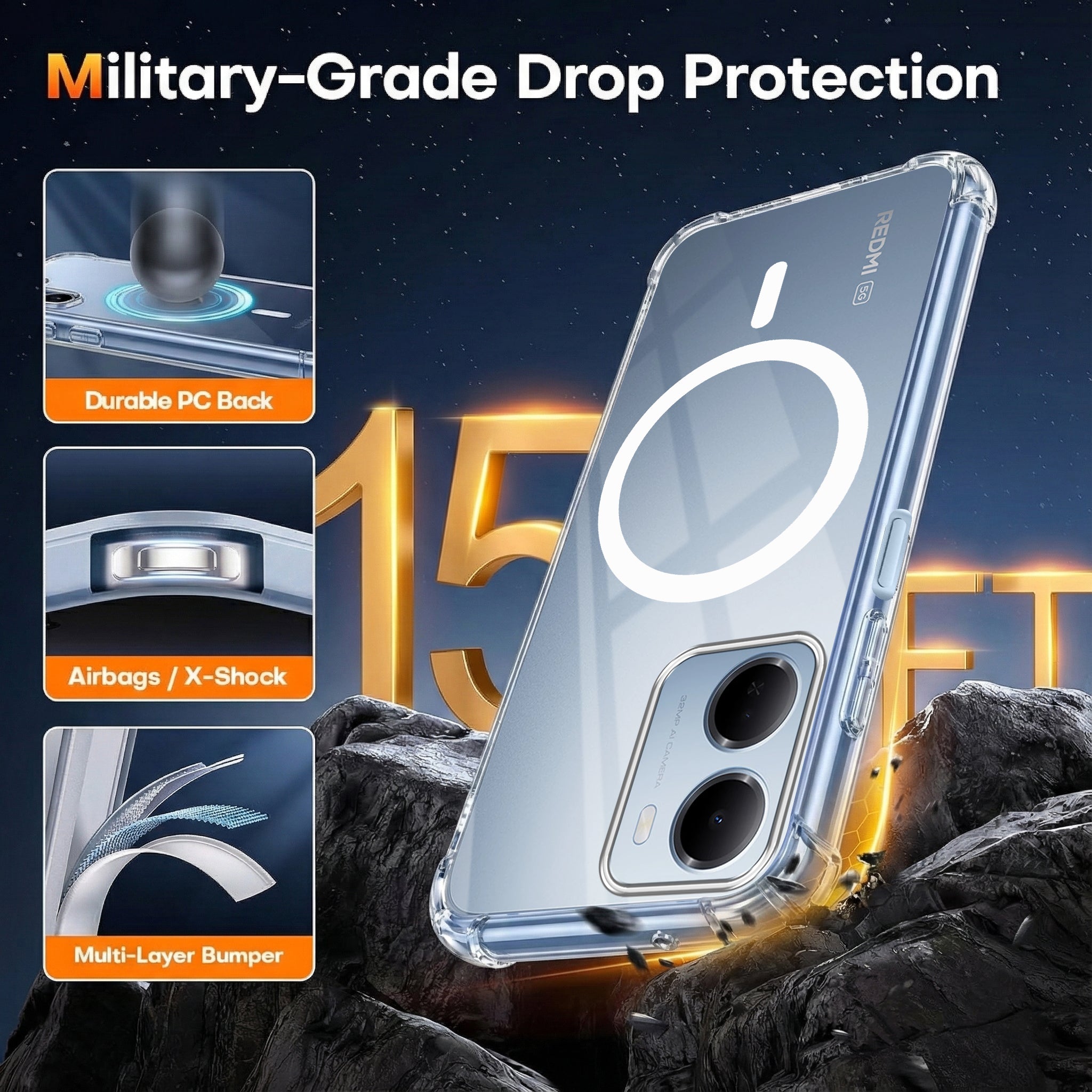 For Redmi 15A 5G Back Cover Shockproof Crystal-Clear (Magsafe Wireless Support | Drop & Camera Protection | Hard Polycarbonate)