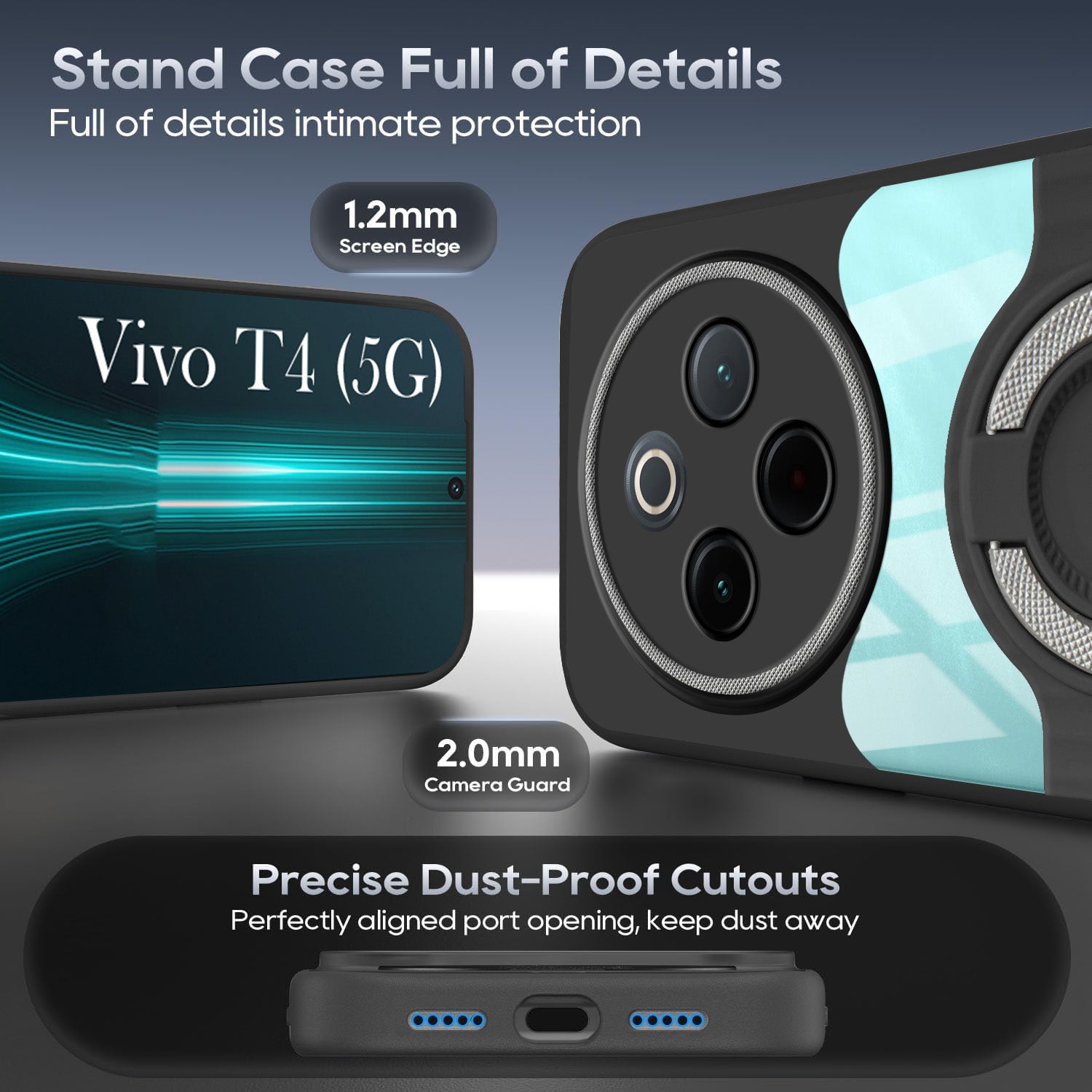For Vivo T4 Back Cover Case with stand (Built-in Ring Holder Kickstand | Lifetime Anti Yellow | Camera Protection)