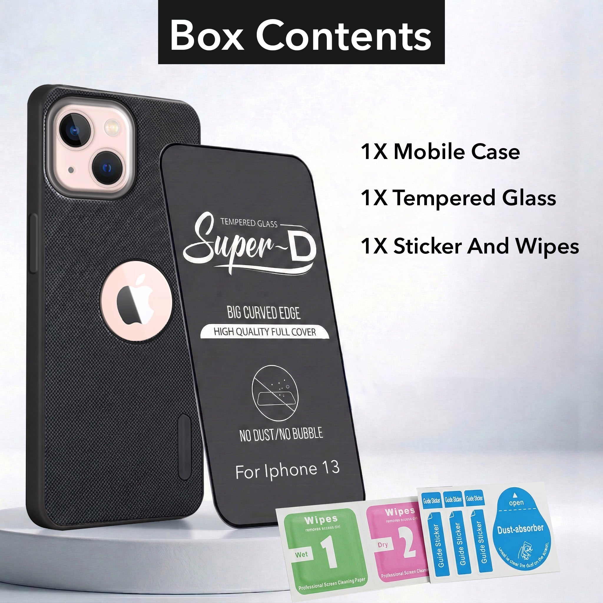 For Apple iPhone 13 Combo with Back Cover and 9H Tempered Glass (Textured Grip Design | Micro-Fiber Cloth Inside | Oleophobic Coating Screen Glass)