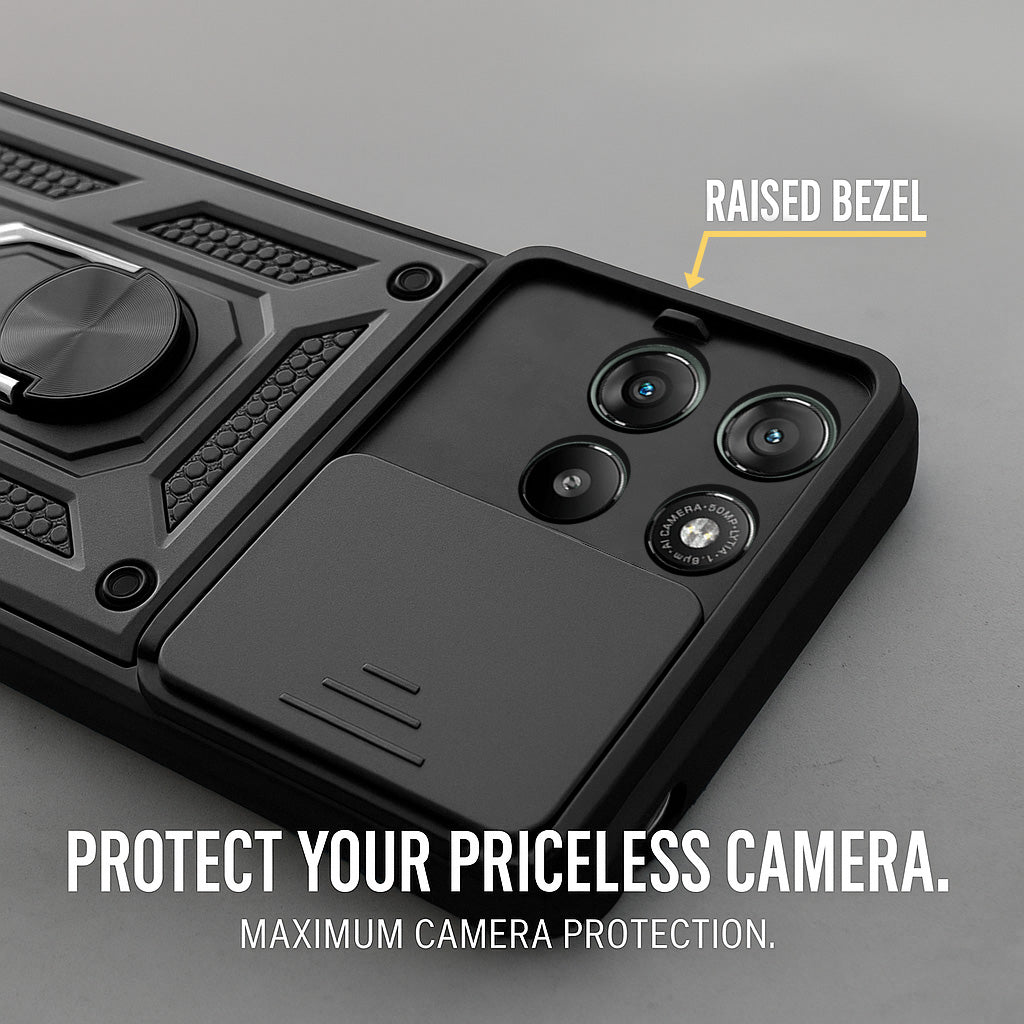 For Motorola Moto G67 Power | G57 Power Back Cover Case Hybrid Armor (Sliding Shutter Camera Protection | Polycarbonate |Ring Holder Kickstand)