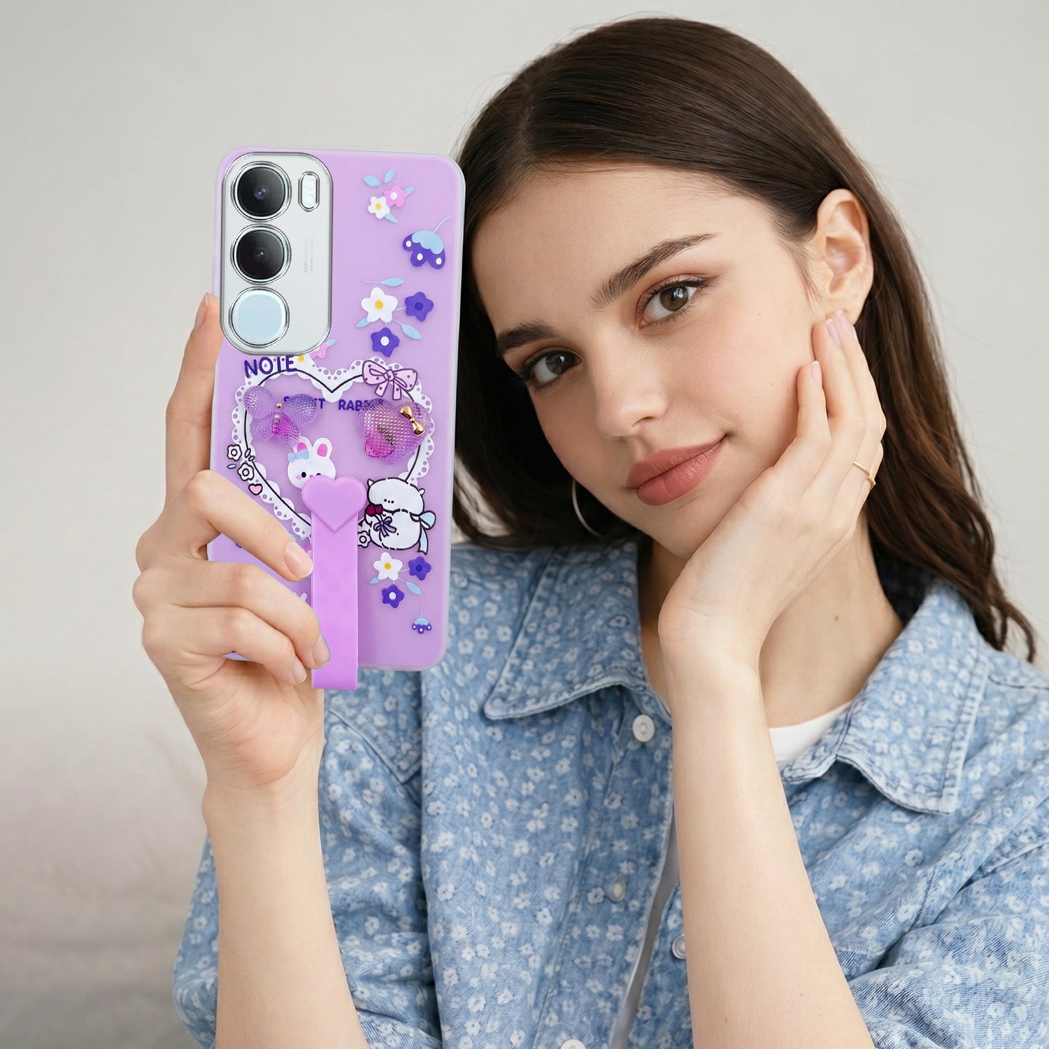 For Vivo Y29 Back Cover Case (3D Cute Heart Strap Holder | Camera Protection | Designer Girls Print)