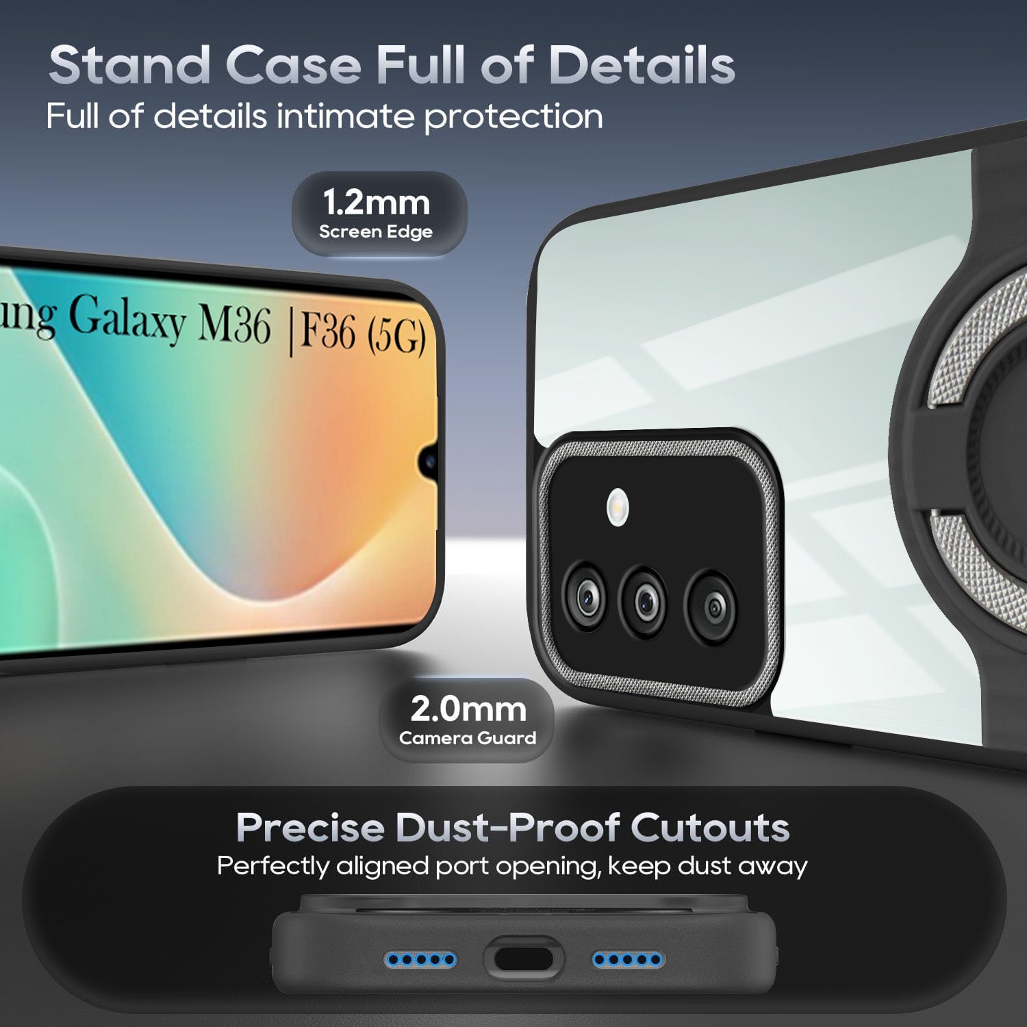 For Samsung Galaxy M36 | Samsung Galaxy F36 Back Cover Case with stand (Built-in Ring Holder Kickstand | Lifetime Anti Yellow | Camera Protection)