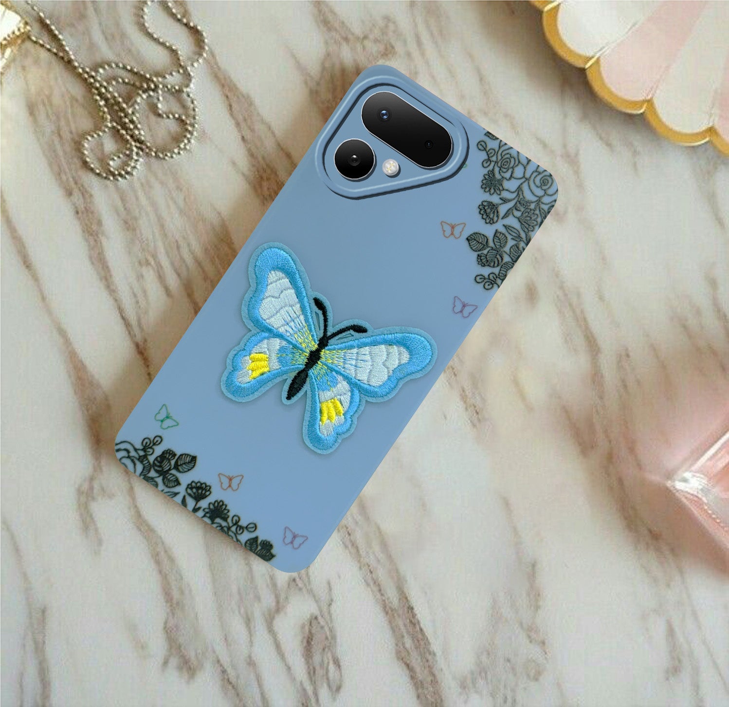 For Tecno Pova Curve 2 Back Cover Case (Soft Butterfly Embroidery | Women Teen Girls | Camera Protection| Matte Silicone)