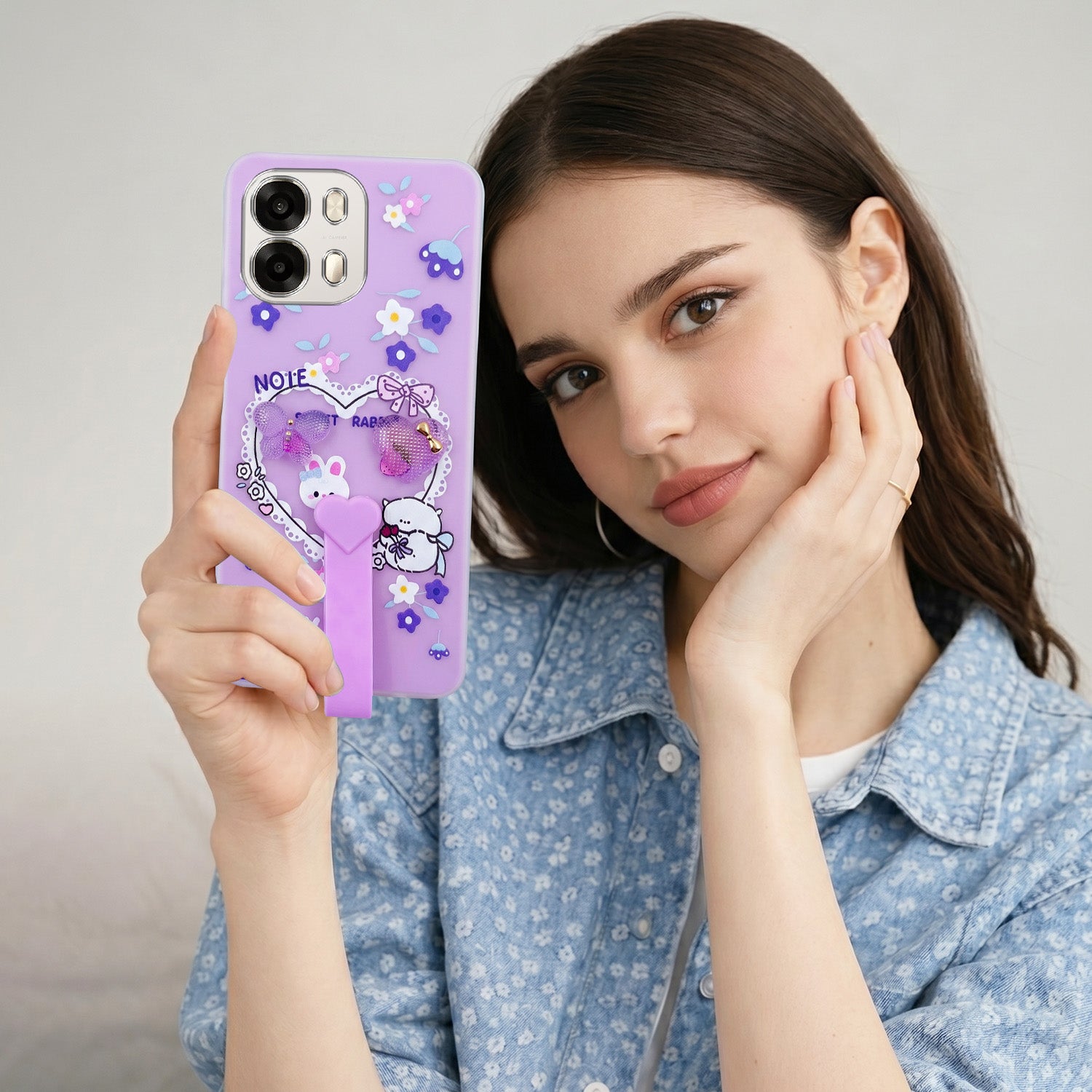 For Oppo A6 Pro Back Cover Case (3D Cute Heart Strap Holder | Camera Protection | Designer Girls Print)