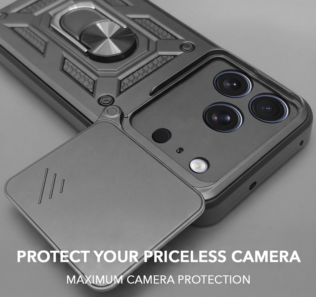 For iPhone 17 Pro | iPhone 18 Pro Back Cover Case Hybrid Armor (Sliding Shutter Camera Protection | Polycarbonate |Ring Holder Kickstand)