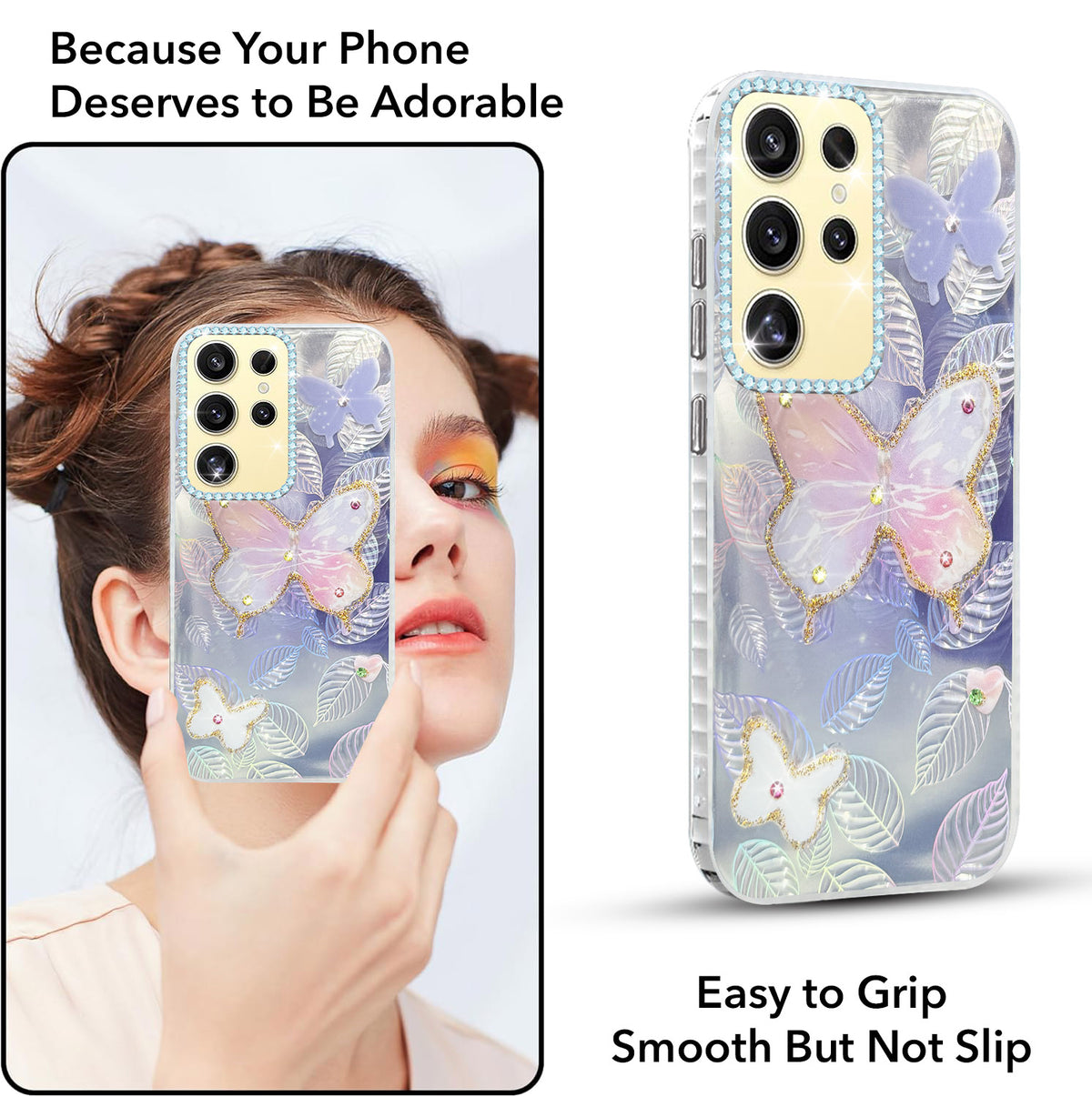For Samsung Galaxy S24 Ultra Back Cover Case (Luxury Floral Glitter Cute Butterfly | Diamond Studded Camera Bump | Girls & Women Design)