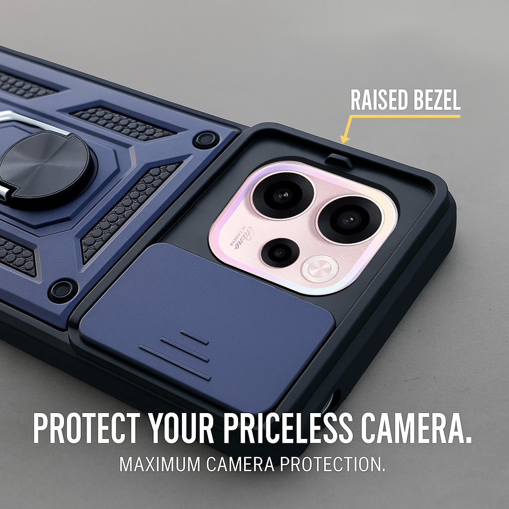 For Oppo Reno 15c Back Cover Case Hybrid Armor (Sliding Shutter Camera Protection | Polycarbonate |Ring Holder Kickstand)