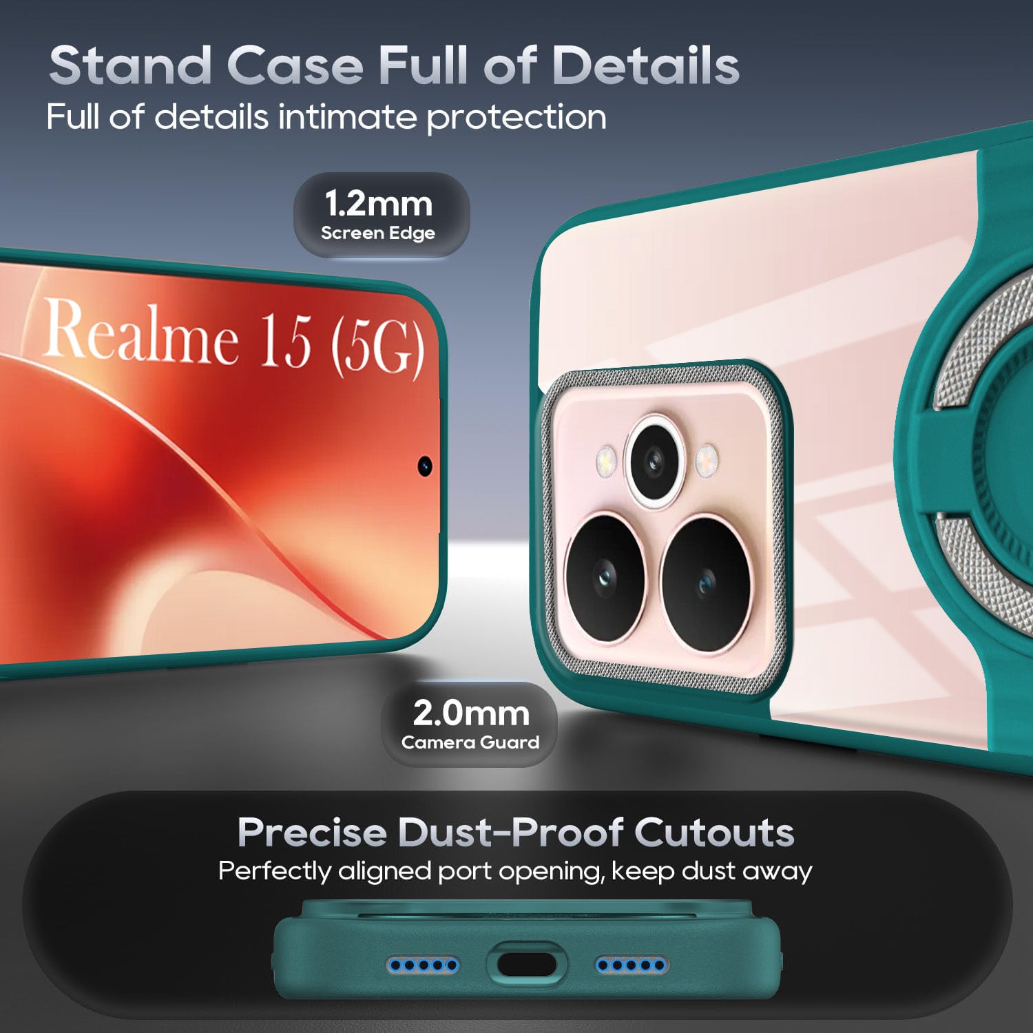 For Realme 15 Back Cover Case with stand (Built-in Ring Holder Kickstand | Lifetime Anti Yellow | Camera Protection)
