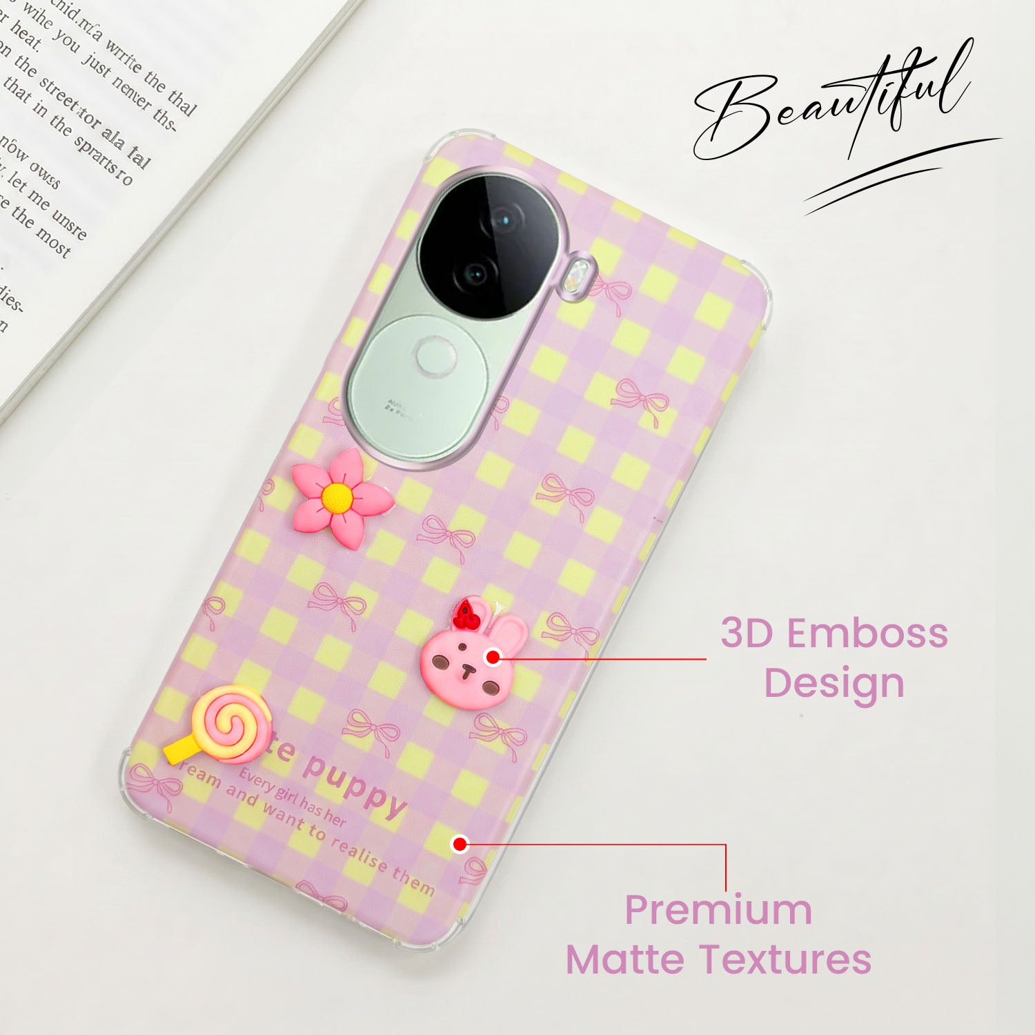 For Vivo V40e Back Cover Case (3D Cute Cartoons | Hard Back Side Soft | Matte Premium Finish | HD Printing)