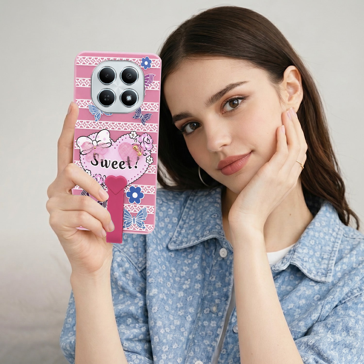 For Poco M8 5G Back Cover Case (3D Cute Heart Strap Holder | Camera Protection | Designer Girls Print)